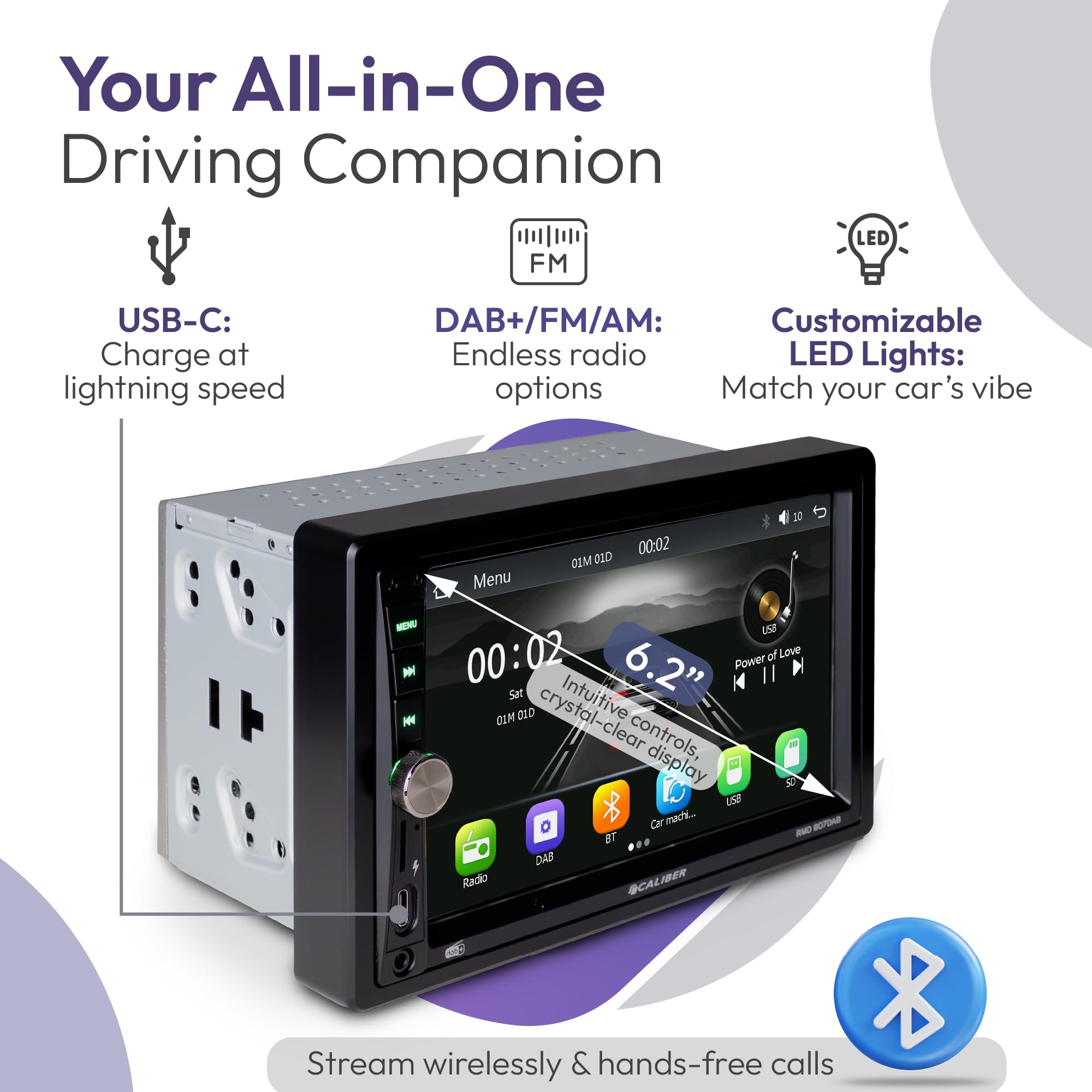 Caliber Radio samochodowe RMD807DAB 2-DIN Dab+ z 7-calowym ekranem dotykowym, Bluetooth, Mirror Link, port USB-C, połączenia głośnomówiące i obsługa kamery cofania