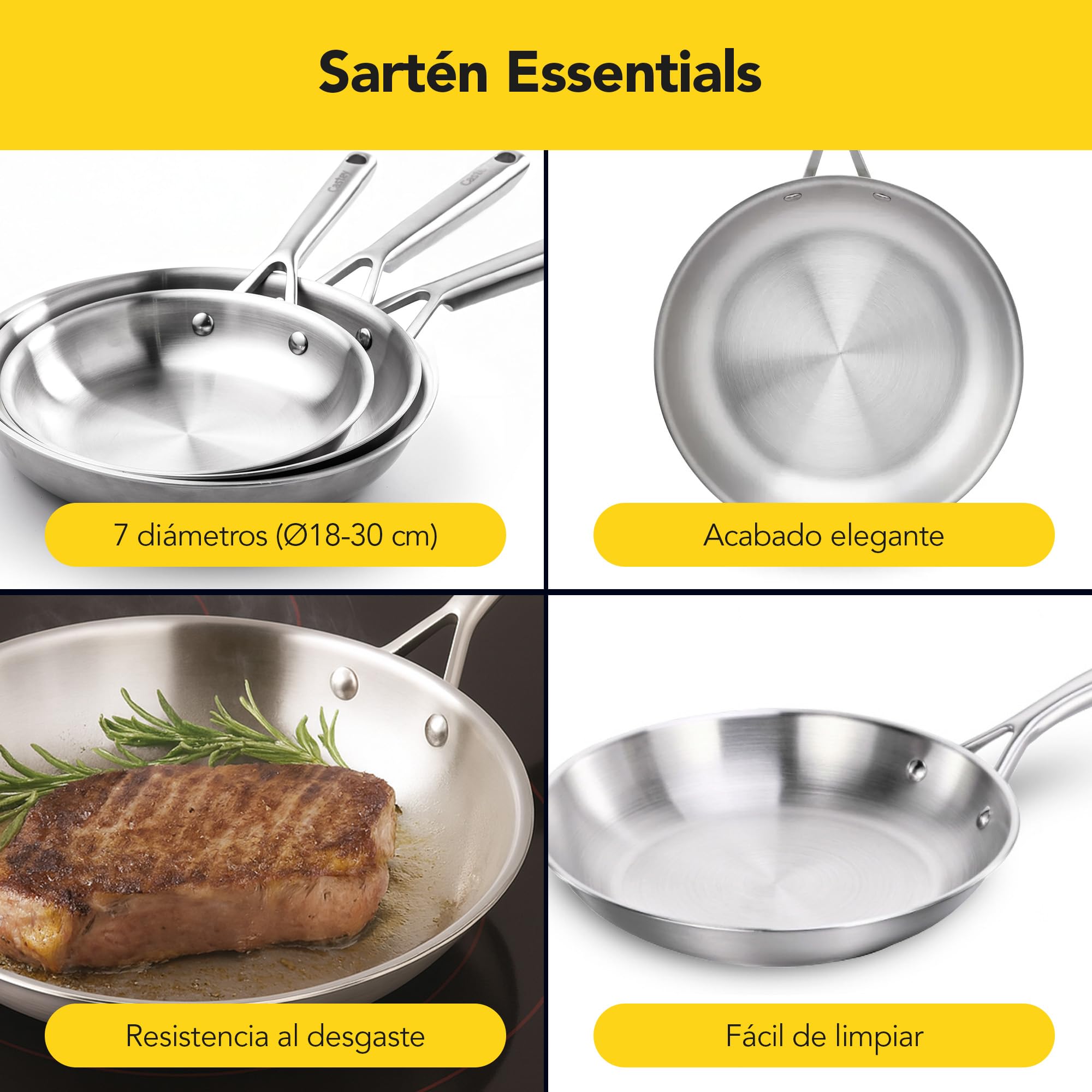 Castey - Sartén Inox Essentials, Modelo E-S24, Color Plata, Tamaño 24 cm, Acero inoxidable, Acabado Elegante, Resistente al desgaste, Apta para Todas las Cocinas