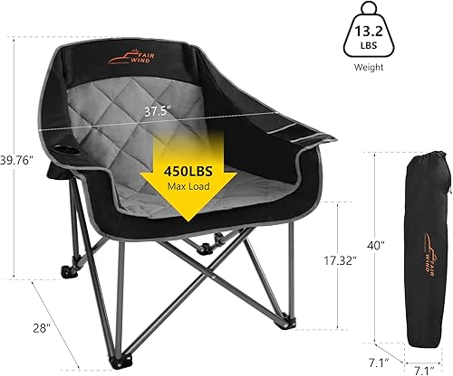 Miniatura 3 de FAIR WIND Silla de camping acolchada de gran tamaño, resistente, con brazo plegable cuádruple, portátil, para exteriores, soporta 450 libras, color