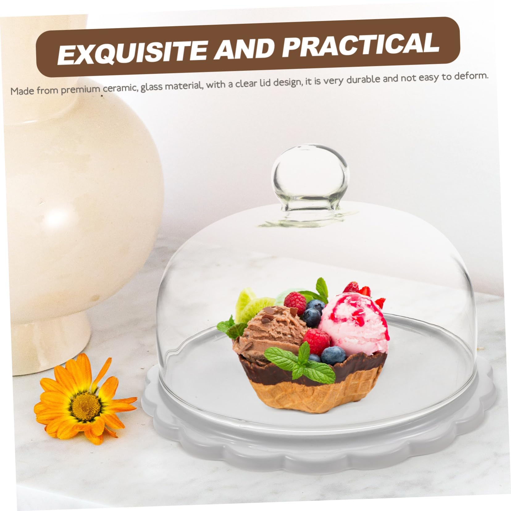 BESTYASH Alzata Per Torta in Vetro Con Copertura a Cupola, Piatto Espositore in Ceramica Da 23,5 Cm, Per Dessert e Dolci, Adatta a Matrimoni e Feste, Set Alzata Con Coperchio Trasparente Resistente