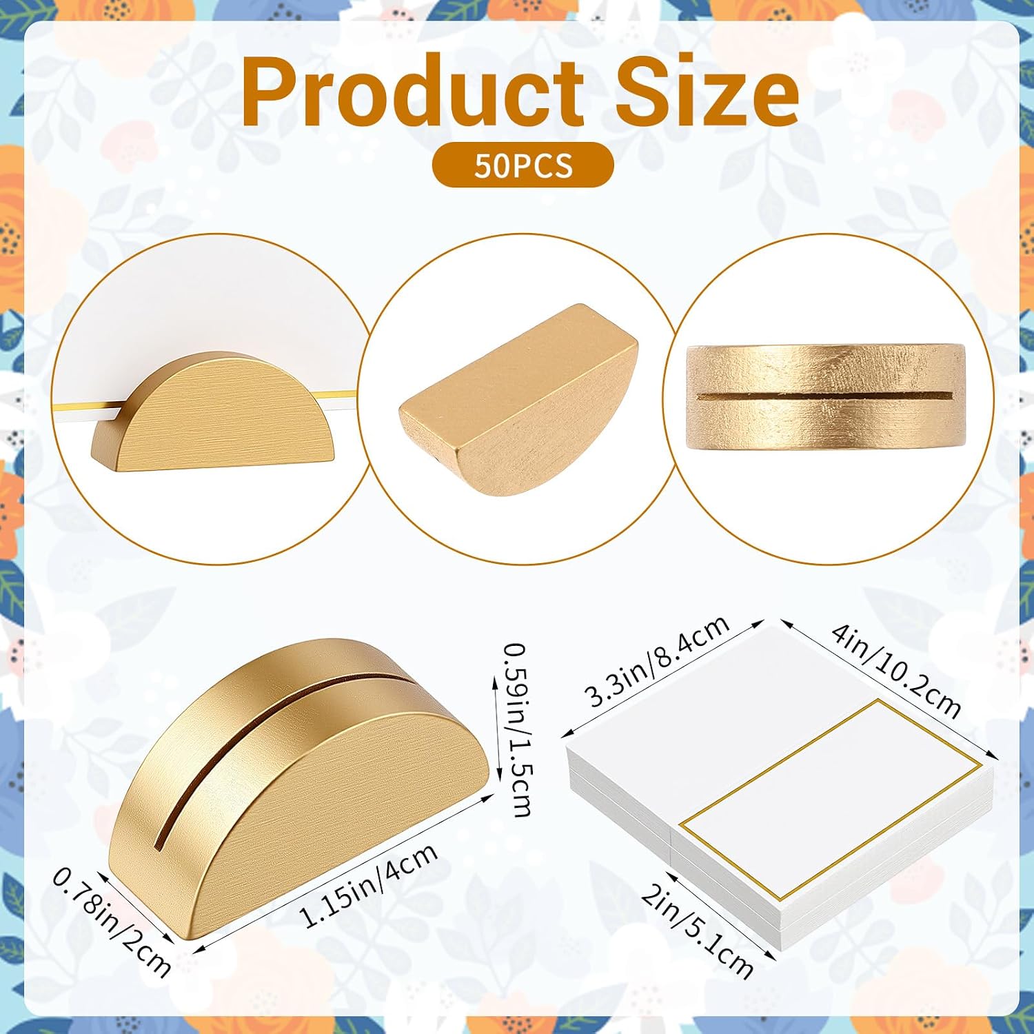 50 PCS Gold Table Number Holders, Wooden Place Card Holders with 50 PCS Cards Semicircular Table Number Stands for Restaurant, Wedding, Birthday Party Plates, Menus and Photos