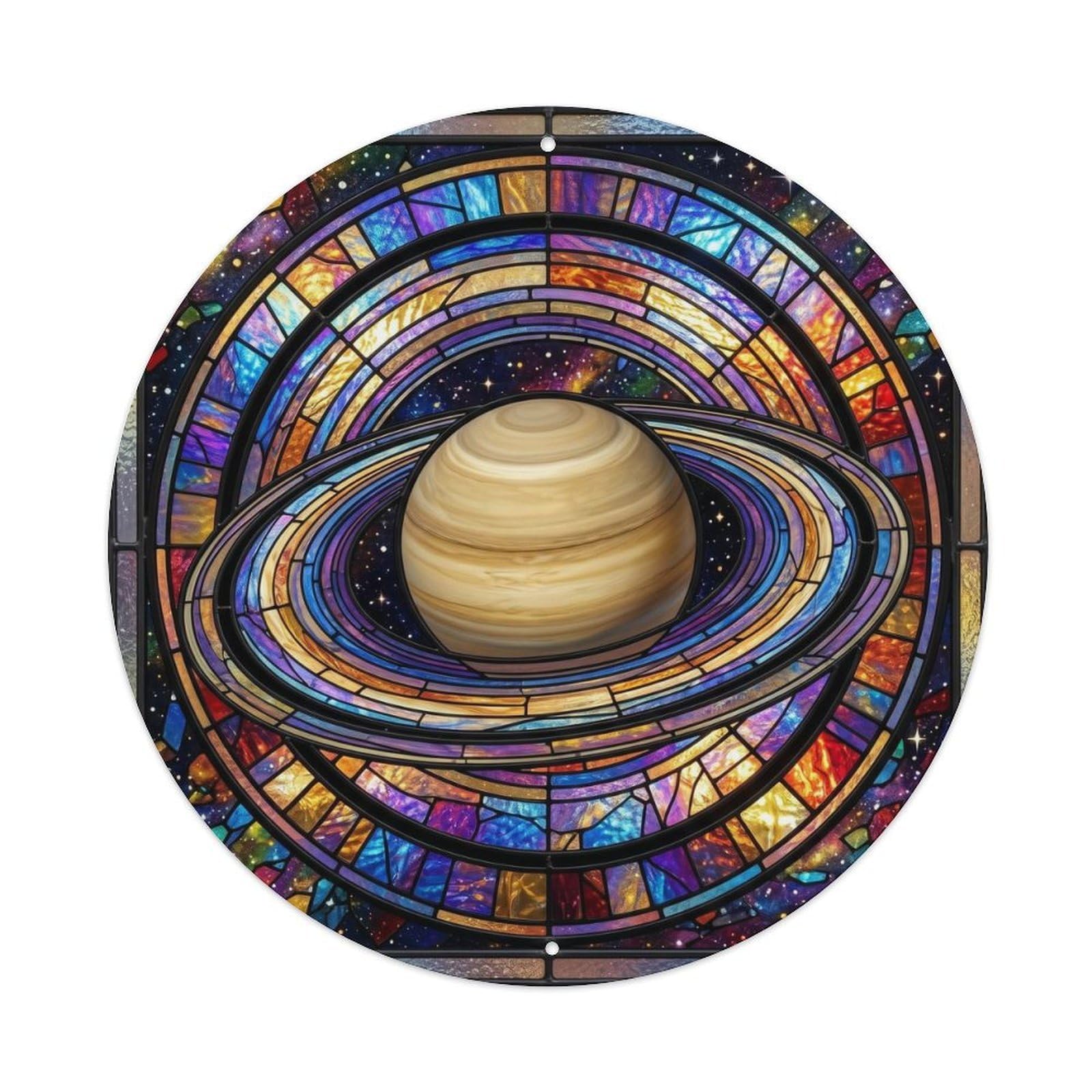 Saturn Ringed Planet Stained Glass Cosmic Orbit Galaxy Space Metal Tin Sign Plaque Wall Decor for Cafe, Man Cave, Club Bar, Office, Home Garden Round Metal Poster 8x8Inch