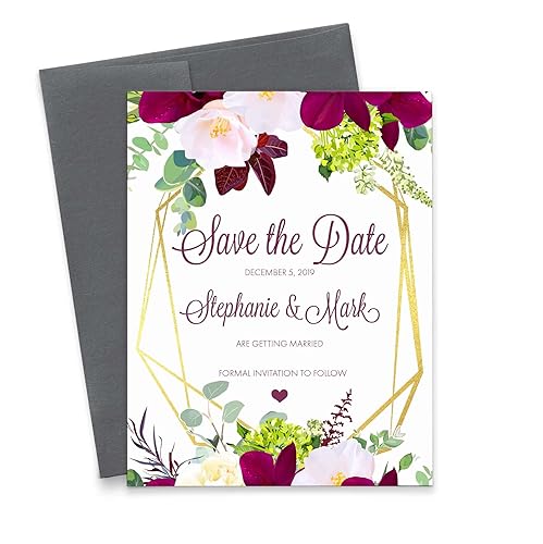 Floral Save the Date with Envelopes, Burgundy and Gold Save the Date Cards for Weddings, Elegant Save the Dates, Your choice of Quantity and