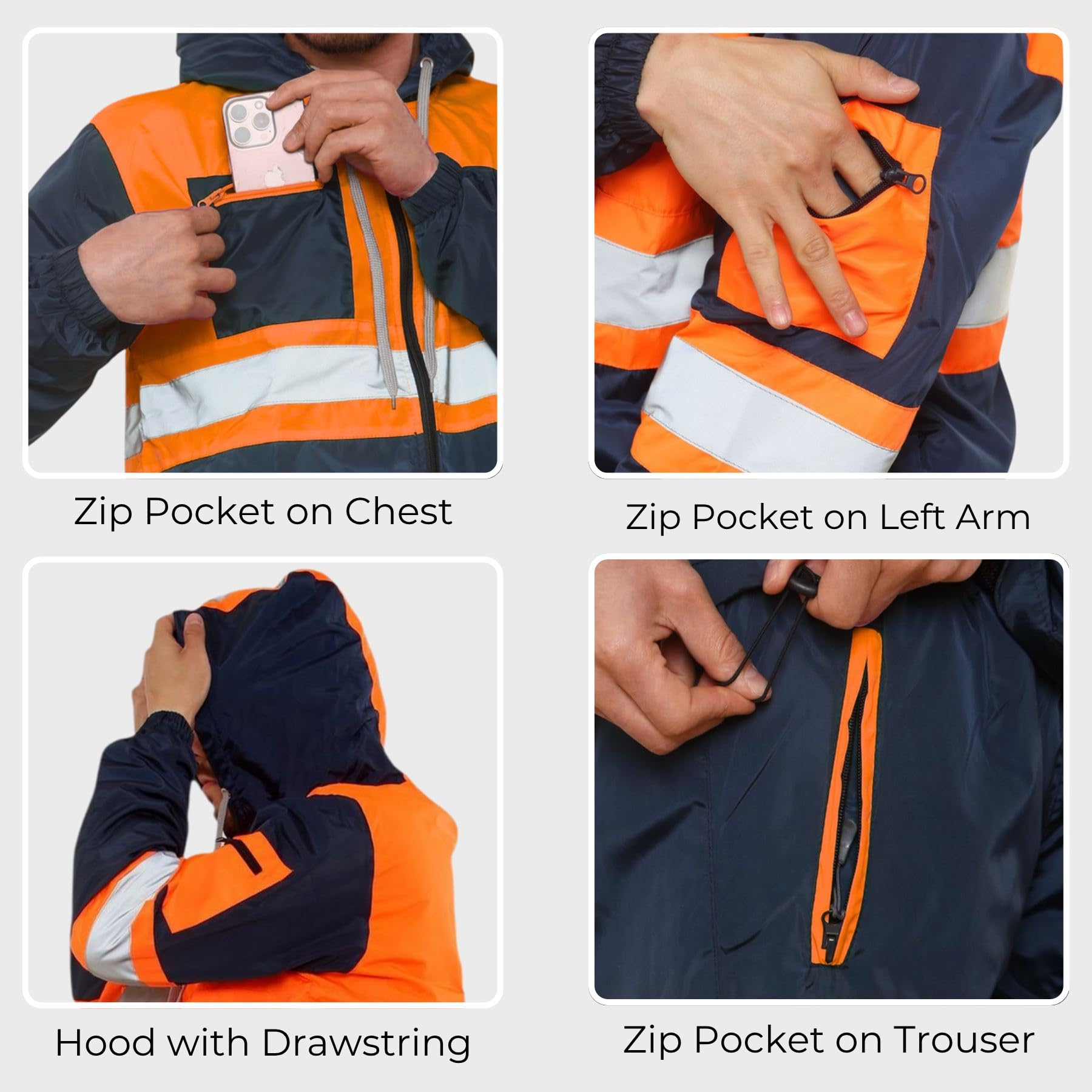 janisramone Tuta da uomo con nastro riflettente ad alta visibilità, felpa con cappuccio a maniche lunghe con zip e pantaloni elastici in vita, per pioggia, sicurezza edilizia, abbigliamento da lavoro