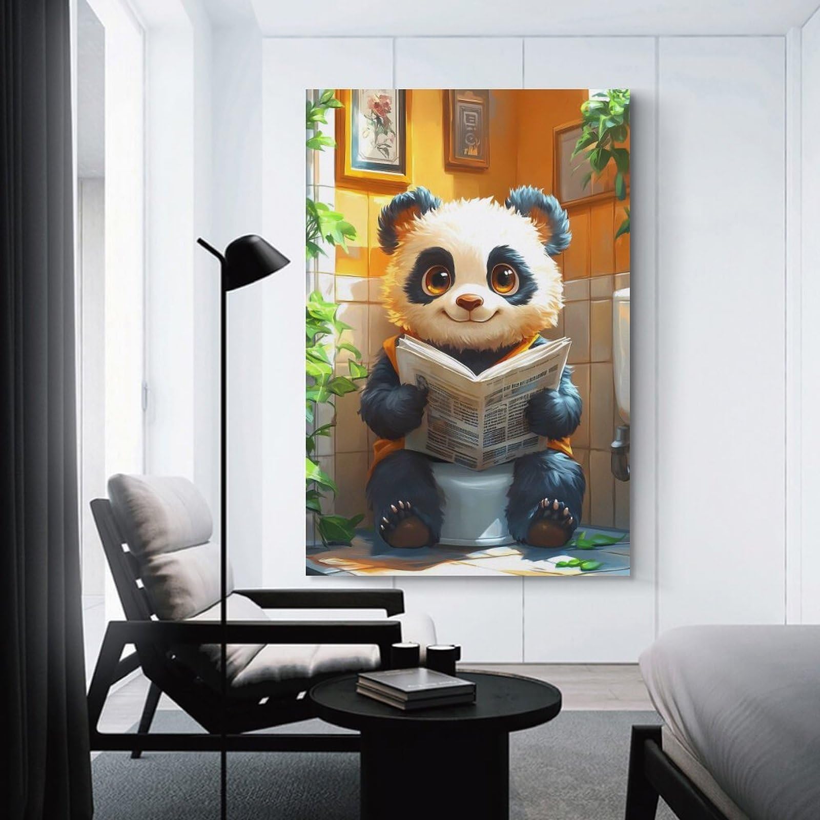 Junmoney Unframe-Style-12-1 Panda Reading Newspaper On Toilet Poster, Picture, Metal Print, Paint By Melvina Poole Canvas Art Print 16X24inch(40X60cm), For Calm Bedrooms, Home Corners Or Flats, An Easy Wall Refresh For Bedrooms
