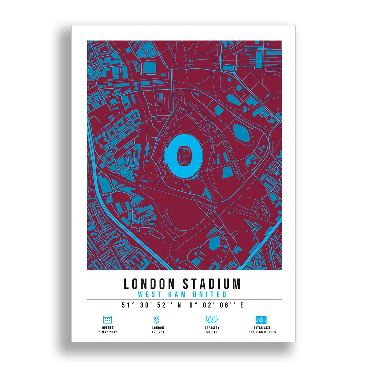 Mounted Gifts Trading London Stadium Map Minimalist A4/A3 Poster Photo Print Framed Gift West Ham United (A3 Poster Only)