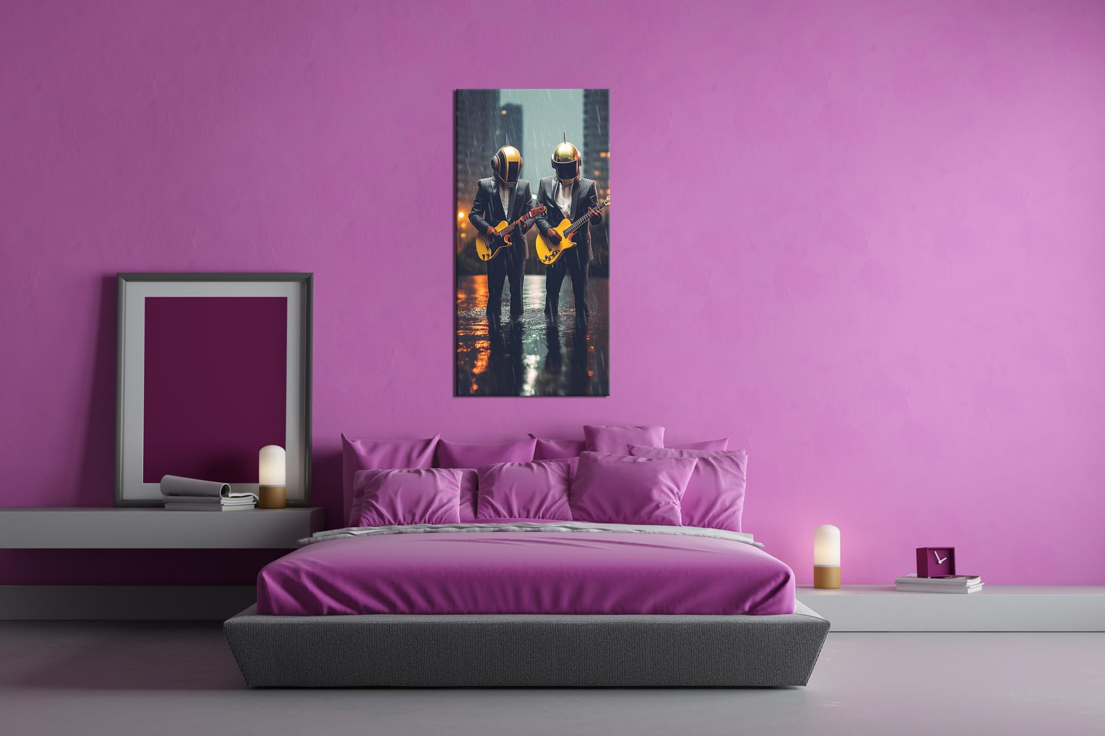 Musicisti futuristici – Eleganza ed elettronica sotto la pioggia Panorama 120 x 60 cm XXL Stampa artistica su cornice di legno/tela/parete parete decorazione soggiorno