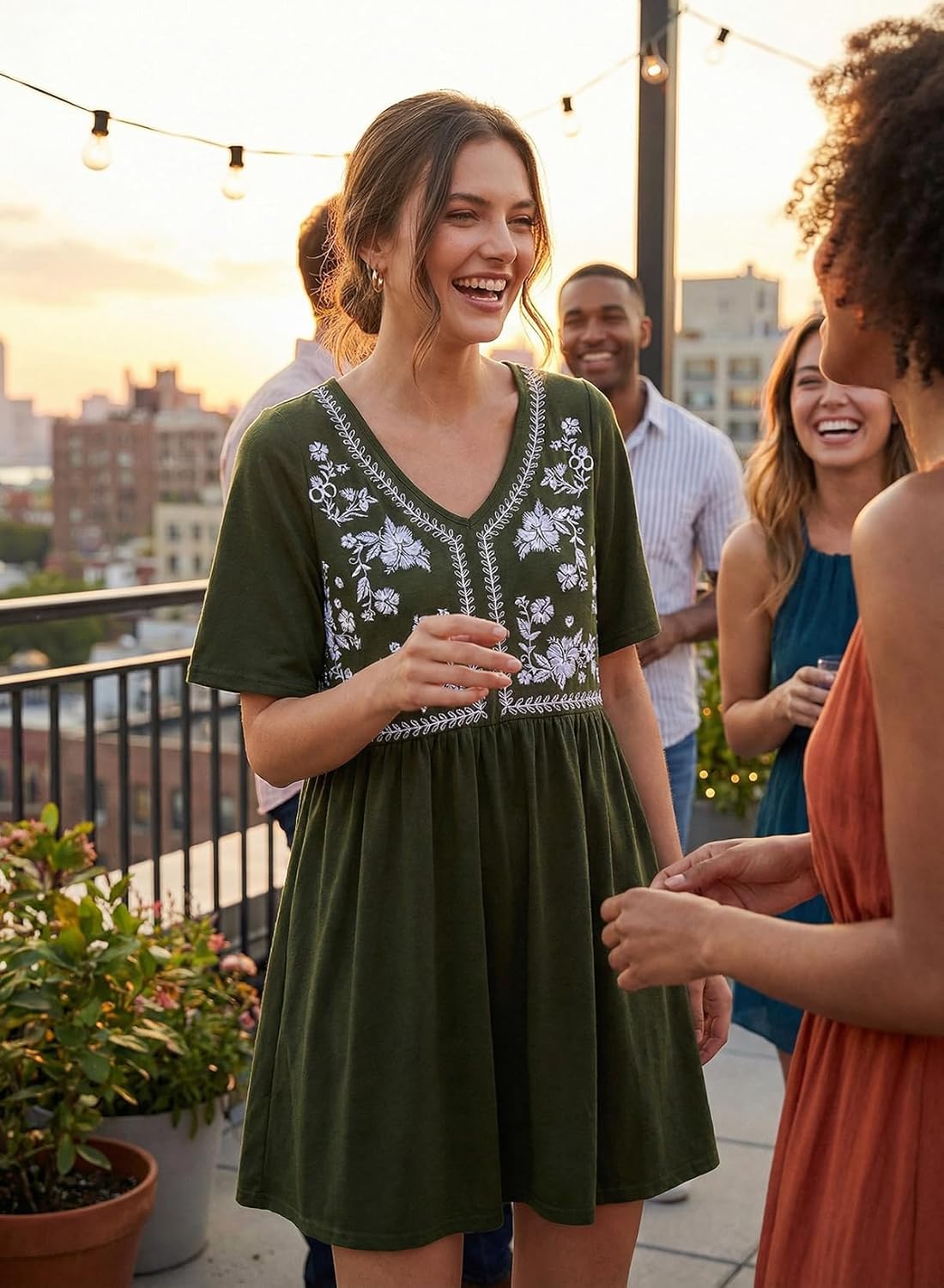 Dokotoo Womens Dresses Summer Casual V Neck Boho Floral Print Short Sleeve Babydoll Mini Dress A Line Beach Vacation Clothes - Image 5