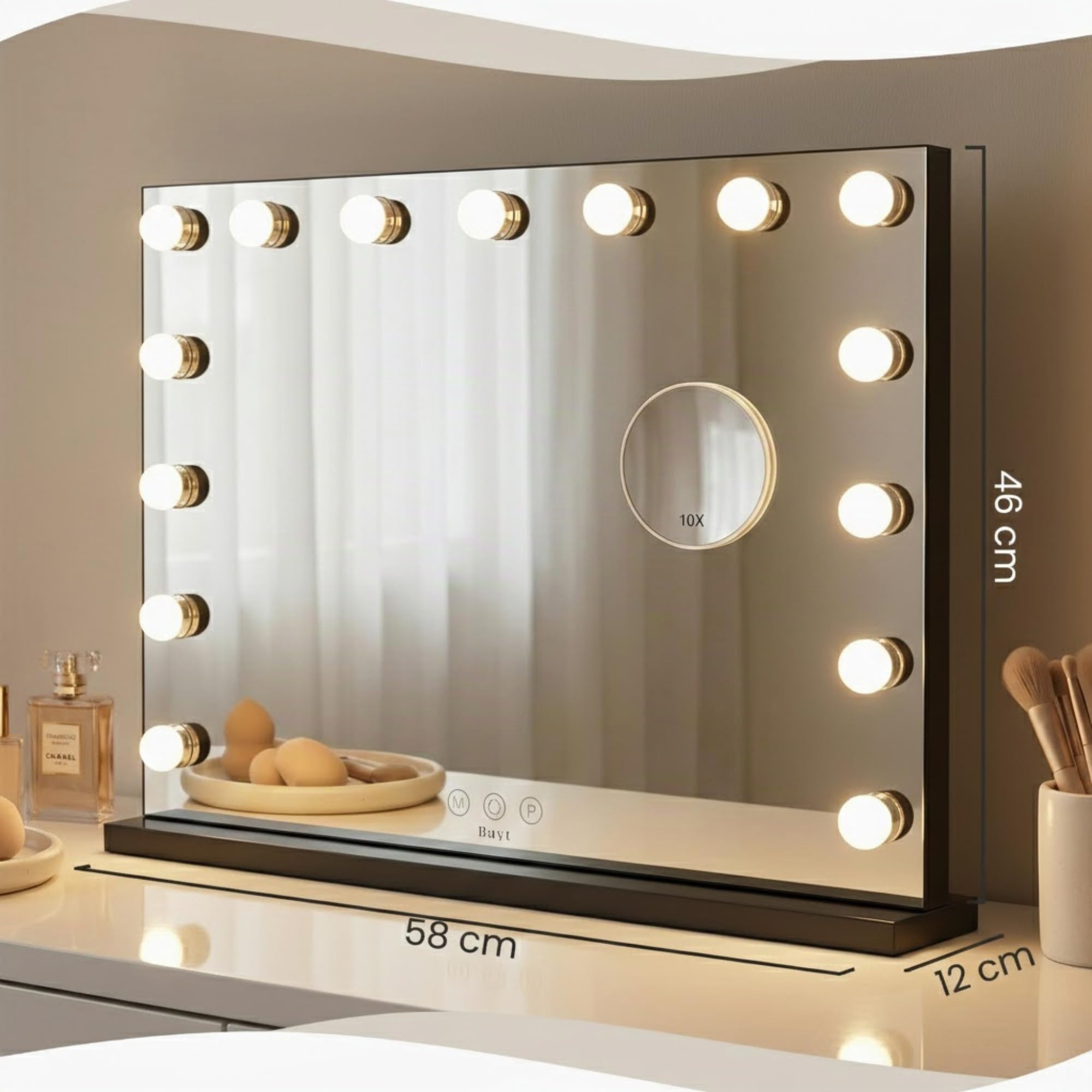 Bayt Hollywood Espejo 58 x 46 cm, Espejo Maquillaje con 15 Luces, Espejo de Aumento 10x, Regulable, Ampliación, Negro