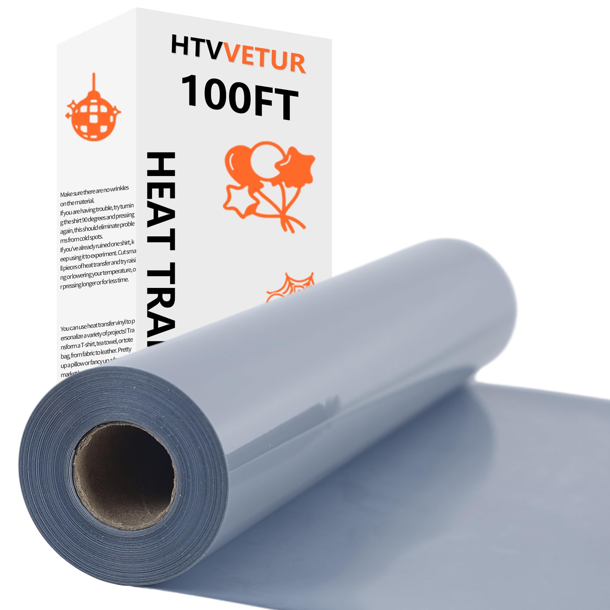 HTVVETUR Gray Iron on Vinyl Roll 12" x 100ft, HTV Heat Transfer Vinyl