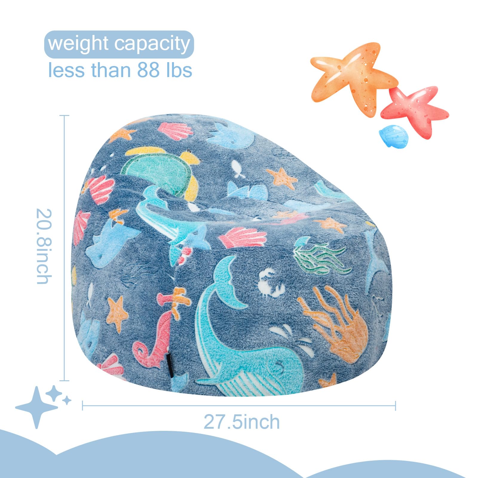 COMAX Bean Bag Chairs for Kids, Toddler BeanBag Sofa with Filler Bean Couch Stuffed for Boys and Girls, Lazy Floor Chair for Playroom, Nursery Room, Glowing Ocean