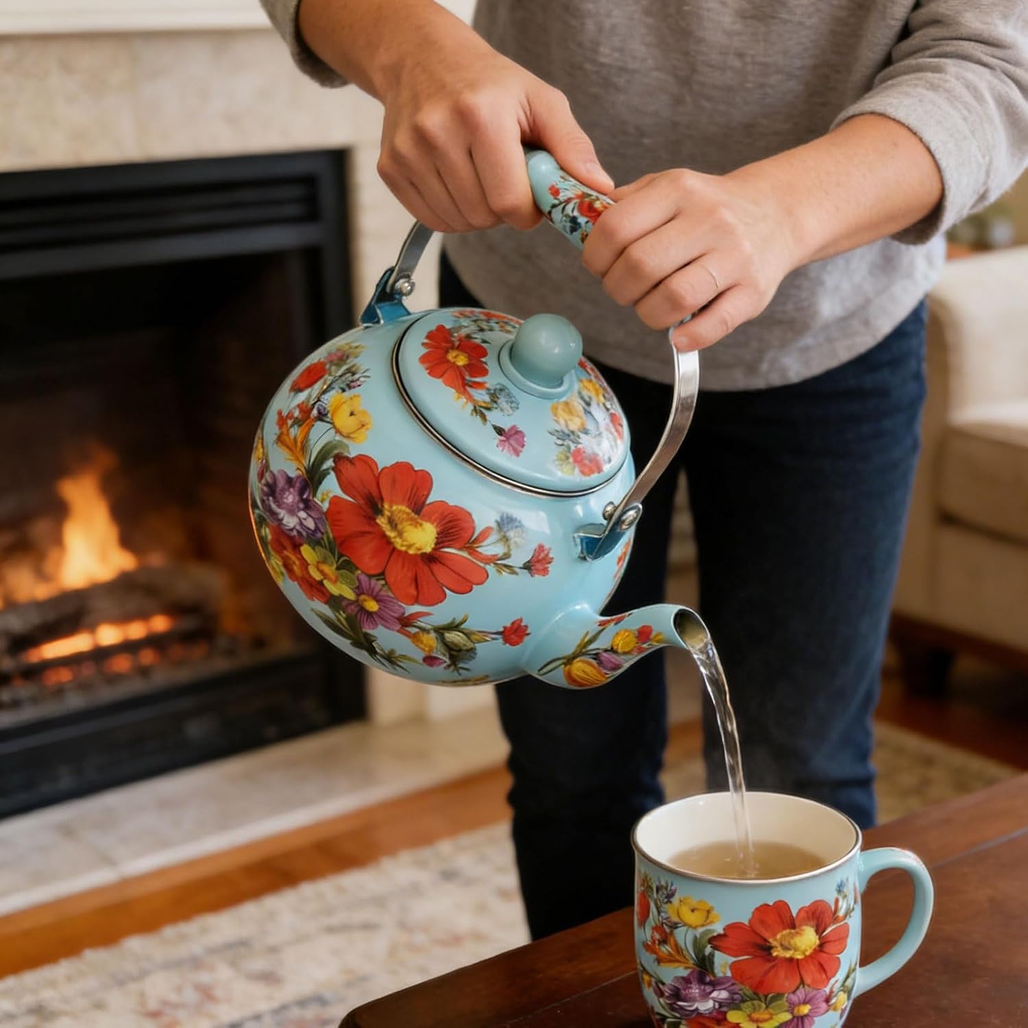 Vintage Enamel Tea Kettle Stovetop with Infuser, Blue 2.6 Quarts Tea Pot Stovetop with Folding Cool Touch Ceramic Handle for Family Kitchens and Restaurants