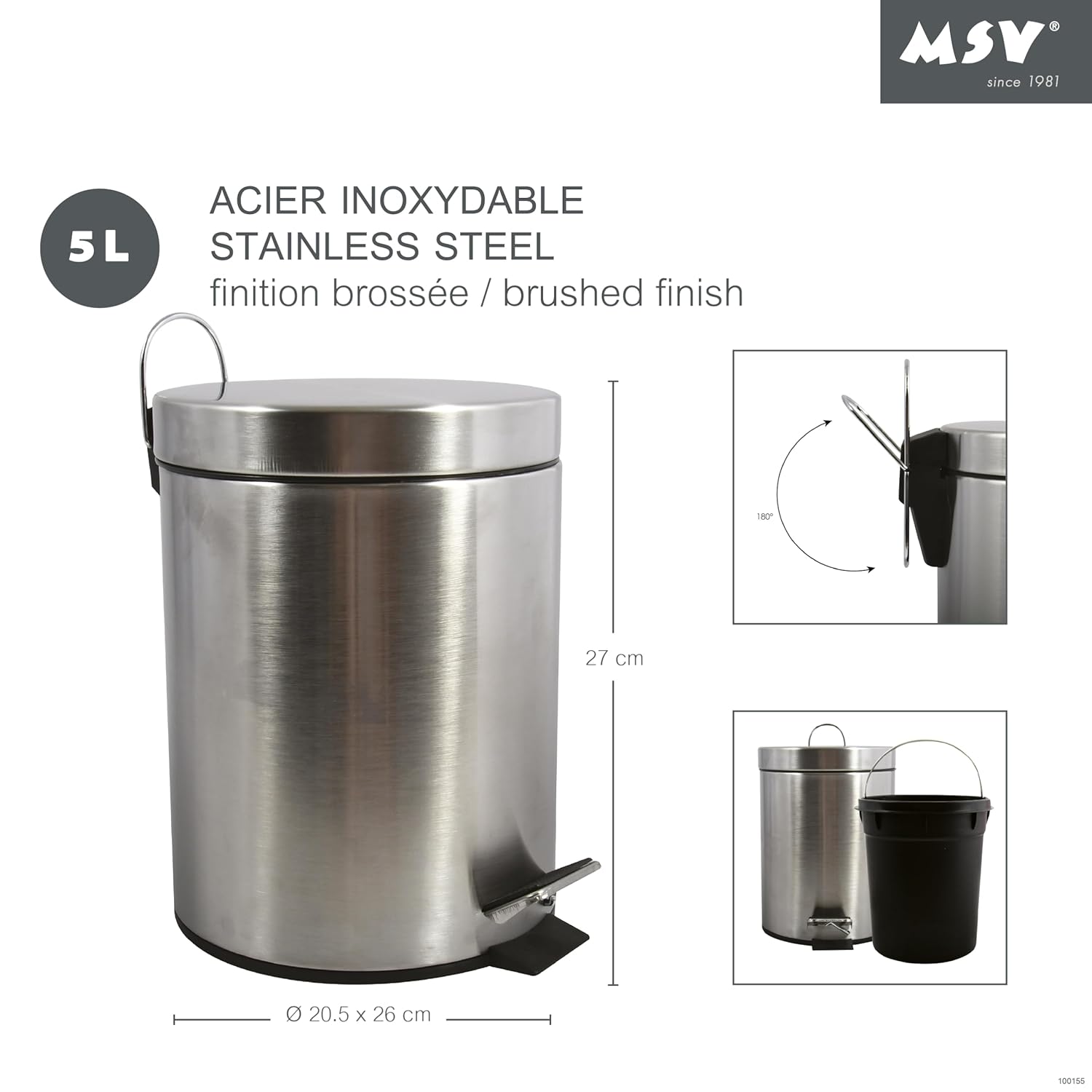 MSV 100155 Stainless Steel/Polypropylene Bin Stainless Steel 5 L