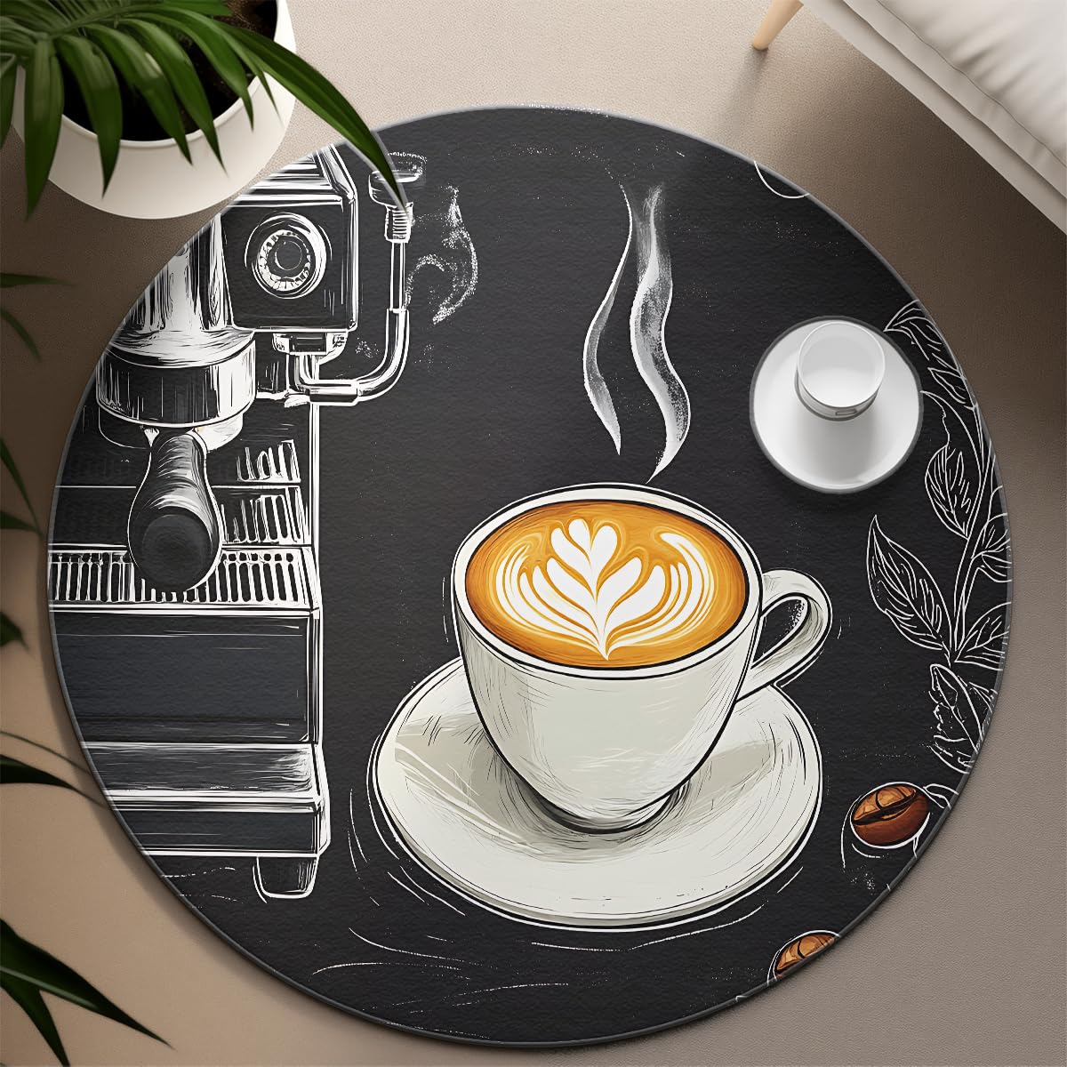 Kawa Latte Okrągłe Łóżko Downhill 100cm Kuchnia Ekspres do espresso Ziarno Szkic Nadrukowany Wzór Składany Antypoślizgowy Zmywalny Cienkie Studia Okrągłe Jadalnia Dywan