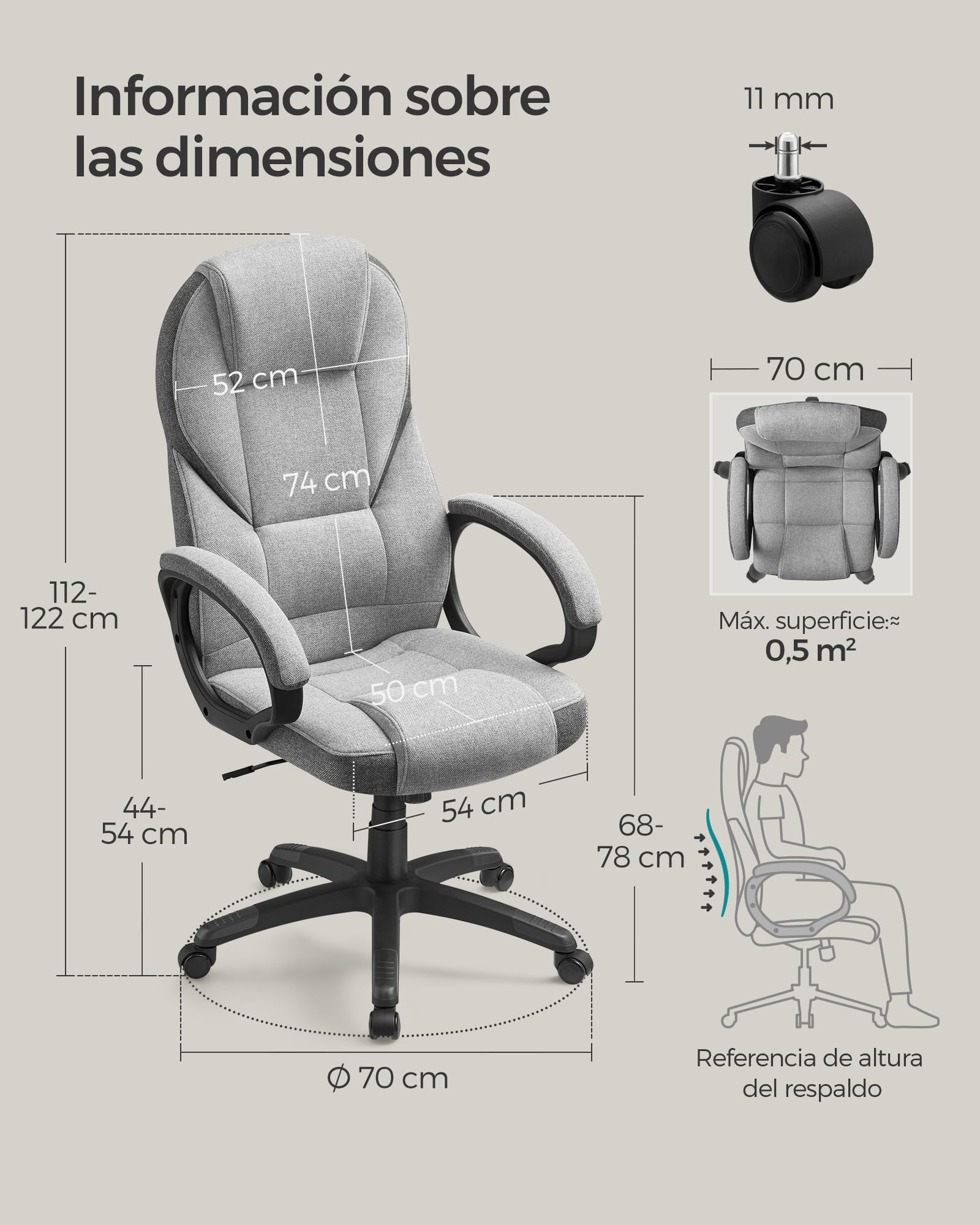 SONGMICS Silla de Escritorio Ergonómica Silla de Oficina Altura Ajustable | Altura Ajustable, Giratoria y con Ruedas, Gris Paloma, OBG022G01