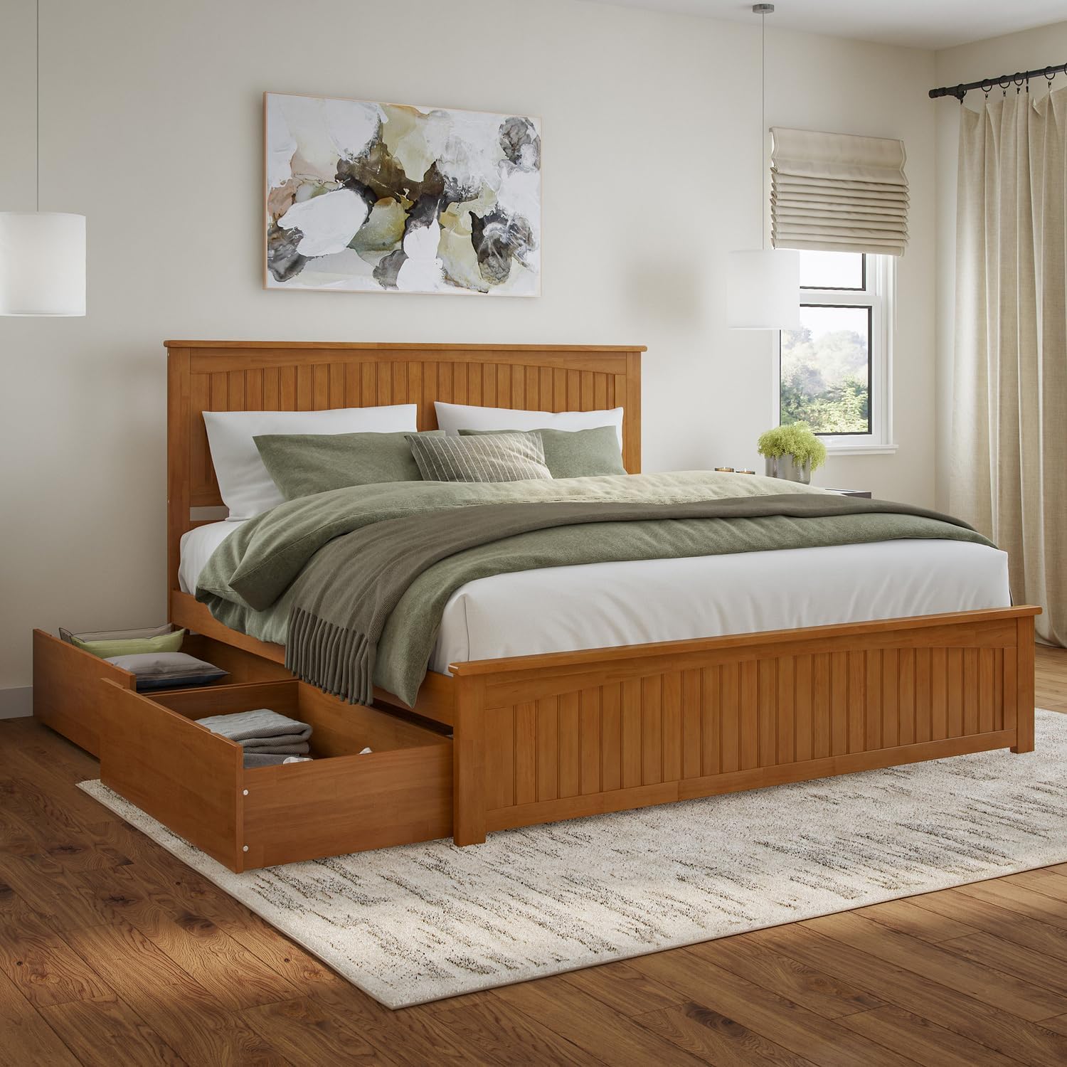 HomeStock King Solid Wood Platform Bed with Matching Footboard & 2 Storage Drawers in Light Toffee