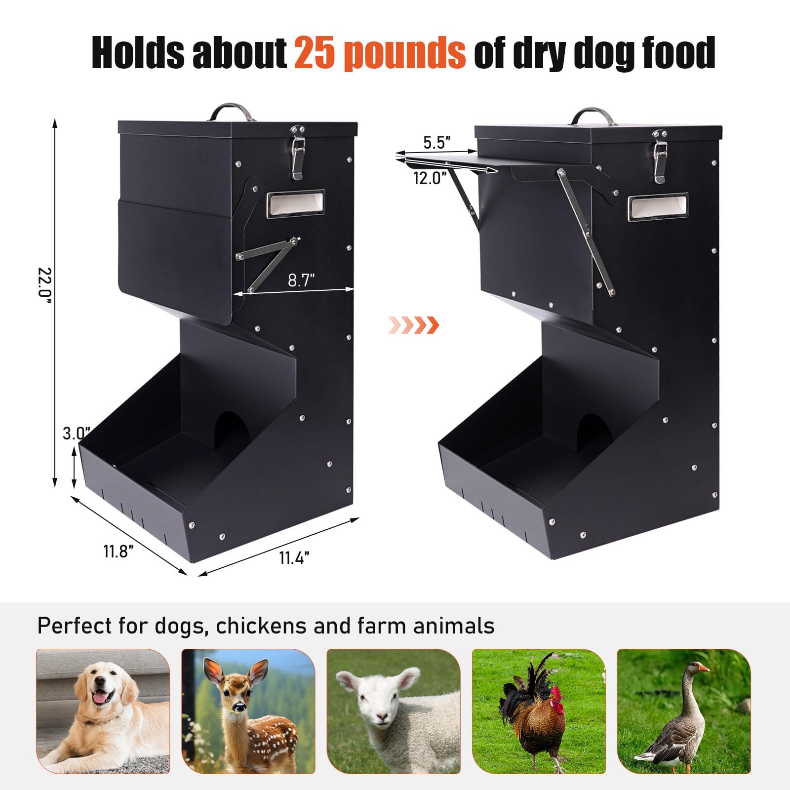 Comedero automático para perros de raza grande, 25 libras | Dispensador de comida para perros de metal galvanizado para perros, pollos y animales de granja