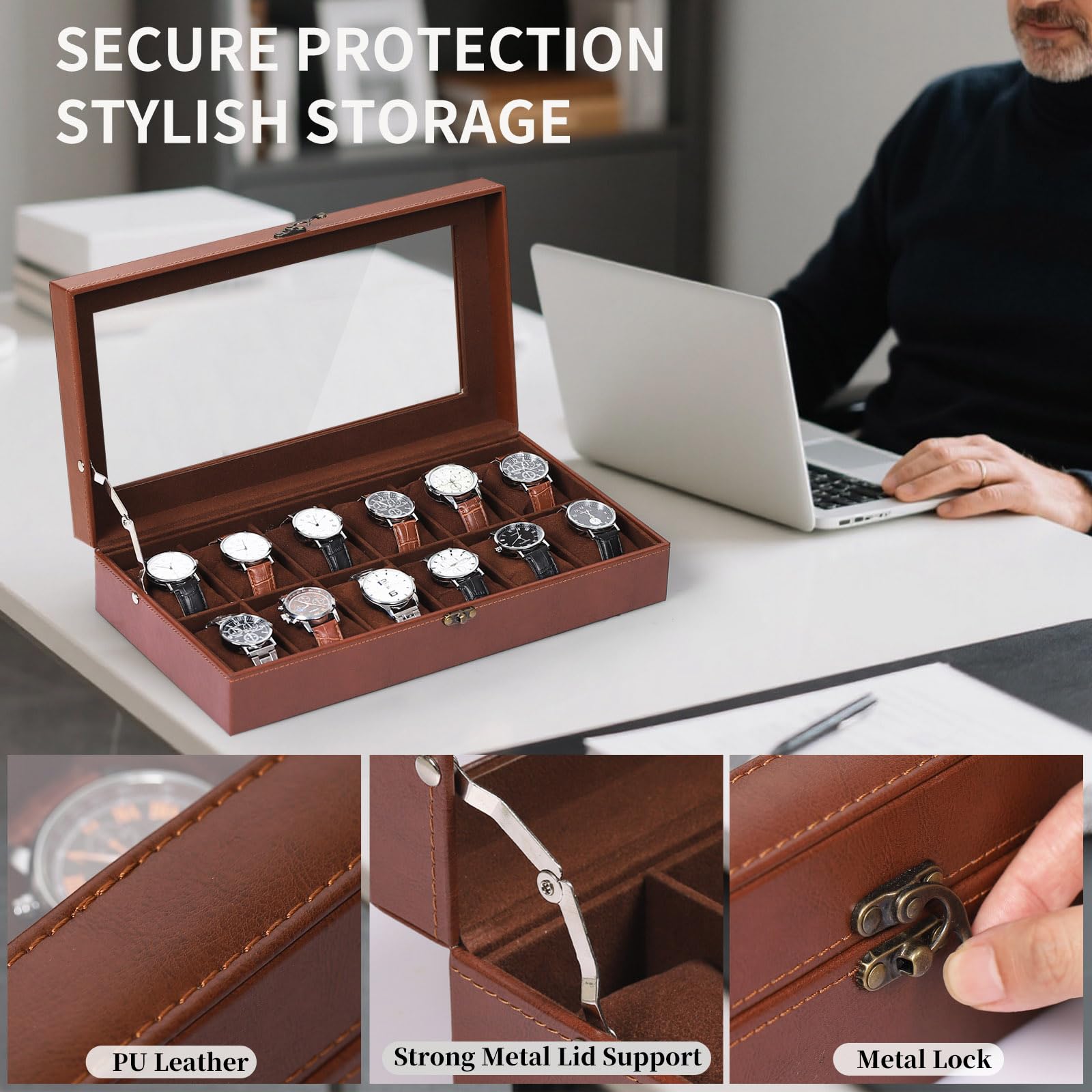 AUTOARK MKAW103 - Caja de reloj de cuero y terciopelo con tapa de cristal, organizador de joyas con cerradura, almohadas extraíbles para reloj, café, MKAW103