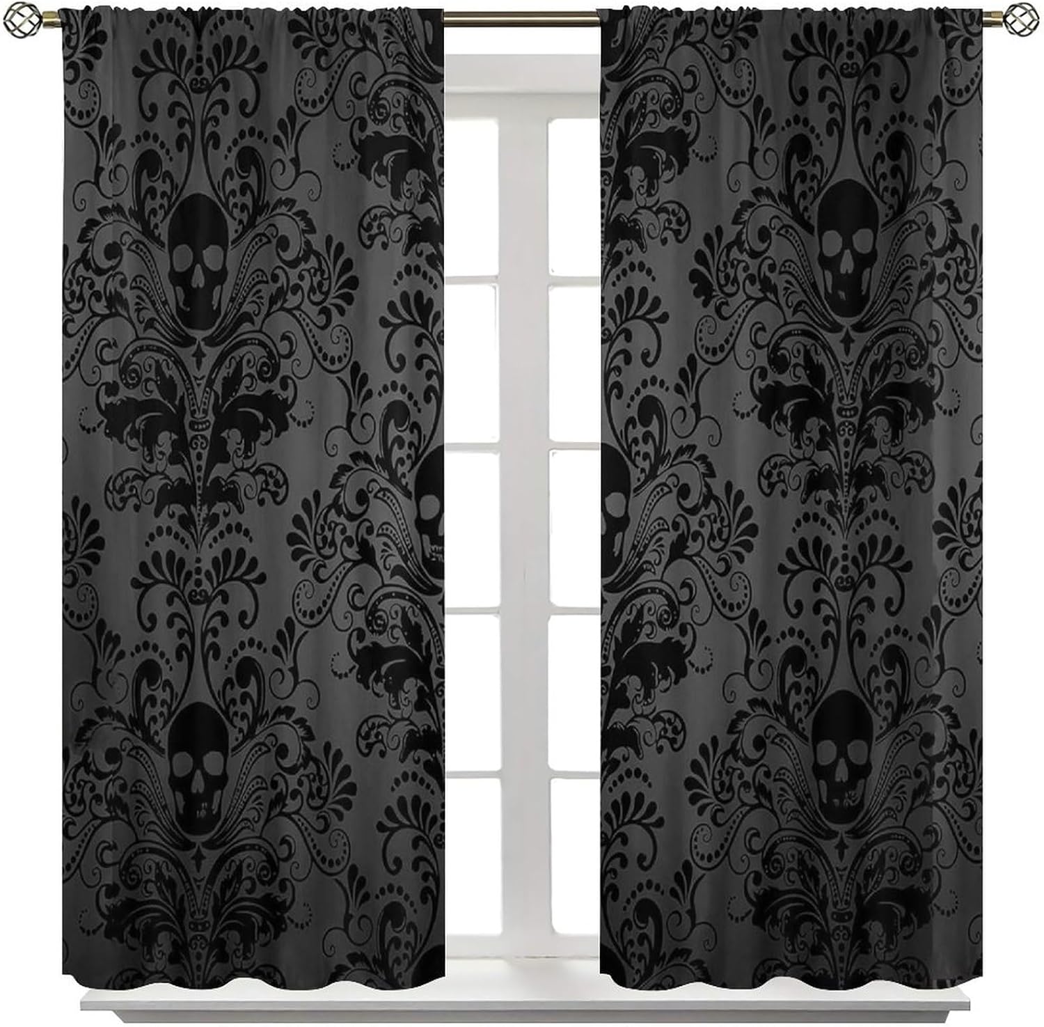 YCness Black Damask Skull Curtains, Antique Victorian Style Gothic Vintage Floral Window Drapes Bohemian Exotic Skull Window Treatments for Bedroom Living Room, 42x45 Inch Blackout