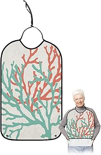 Kewadony Adult Bibs for Elderly Women - Teal Orange Coral Waterproof Dining Clothing Protectors with Crumb Catcher for Eating/Feeding, Marine Underwater Summer Ocean Terry Cloth Bib Machine Washable