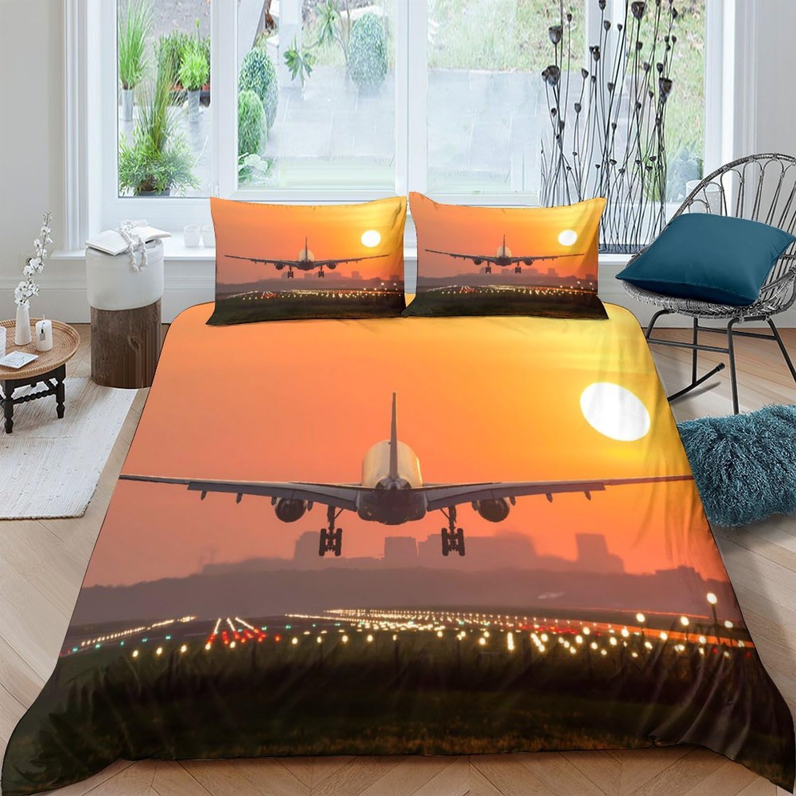 Ctjqhvkz Style-6 3D Printed Sunset Airplane Fitted Sheet Microfiber Orange Runway Bed Cover For Bedroom Dorm Mattress Decor Single（135X200cm）