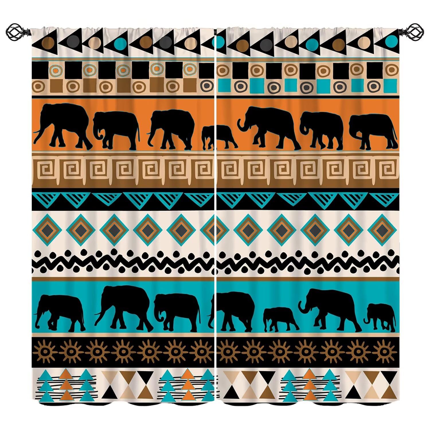Moderw African Tribal Ethnic Curtain, Vintage Traditional Symbols Elements Window Treatments African Elephants Geometric Blackout Window Curtain for Bedroom Living Room W63xL63in
