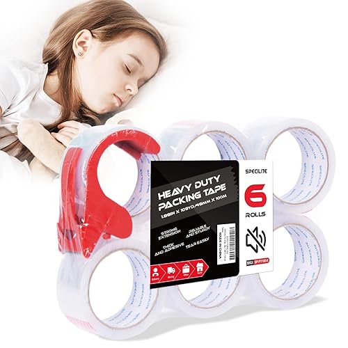 Cinta de embalaje transparente resistente con dispensador, sin ruido, 6 rollos de cinta de embalaje de 1.88 pulgadas x 55 yardas, ultra fuerte,