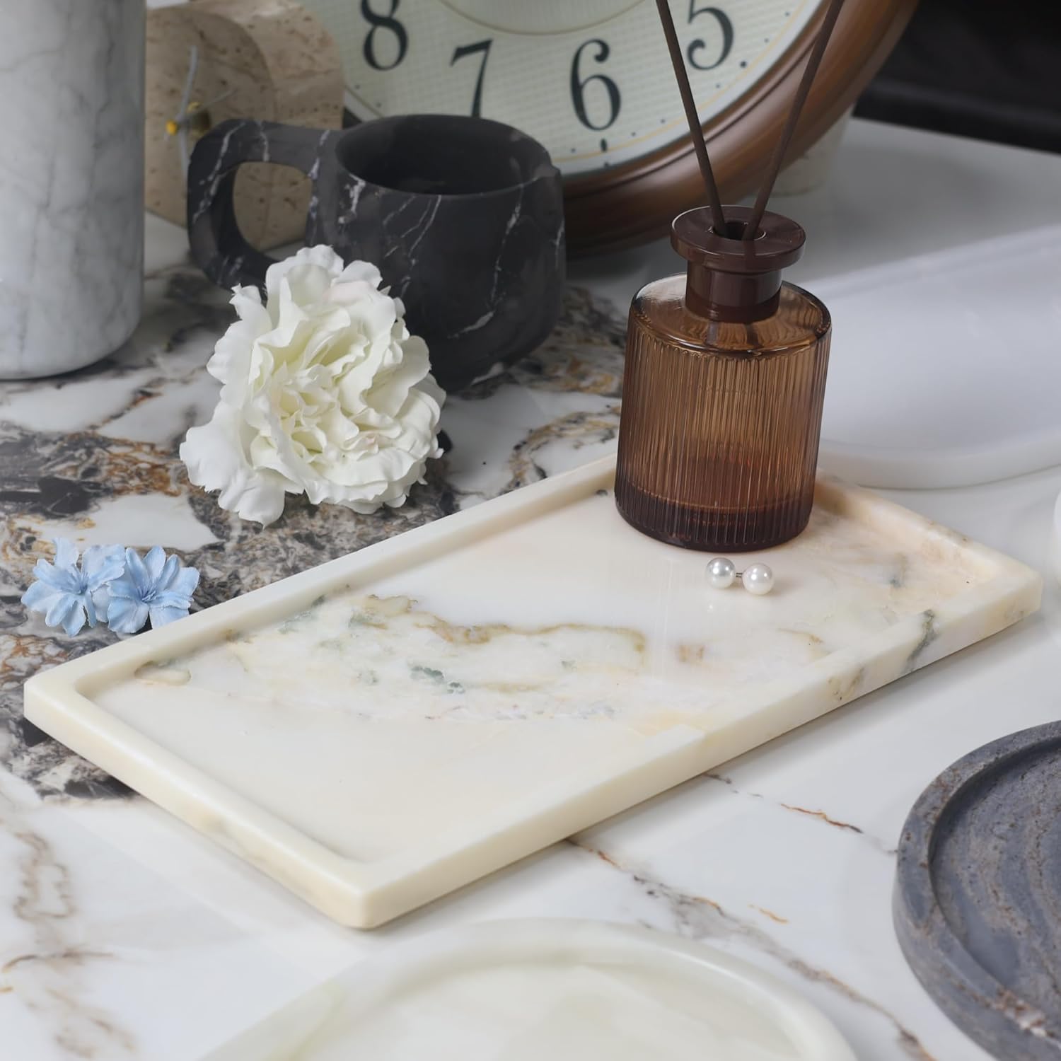Solid Natural Marble Vanity Tray - 11.8"x5.9" Rectangular Bathroom & Dresser Organizer, Non-Resin Stone Tray for Jewelry/Perfume, Marble Trays for Decor Rectangl