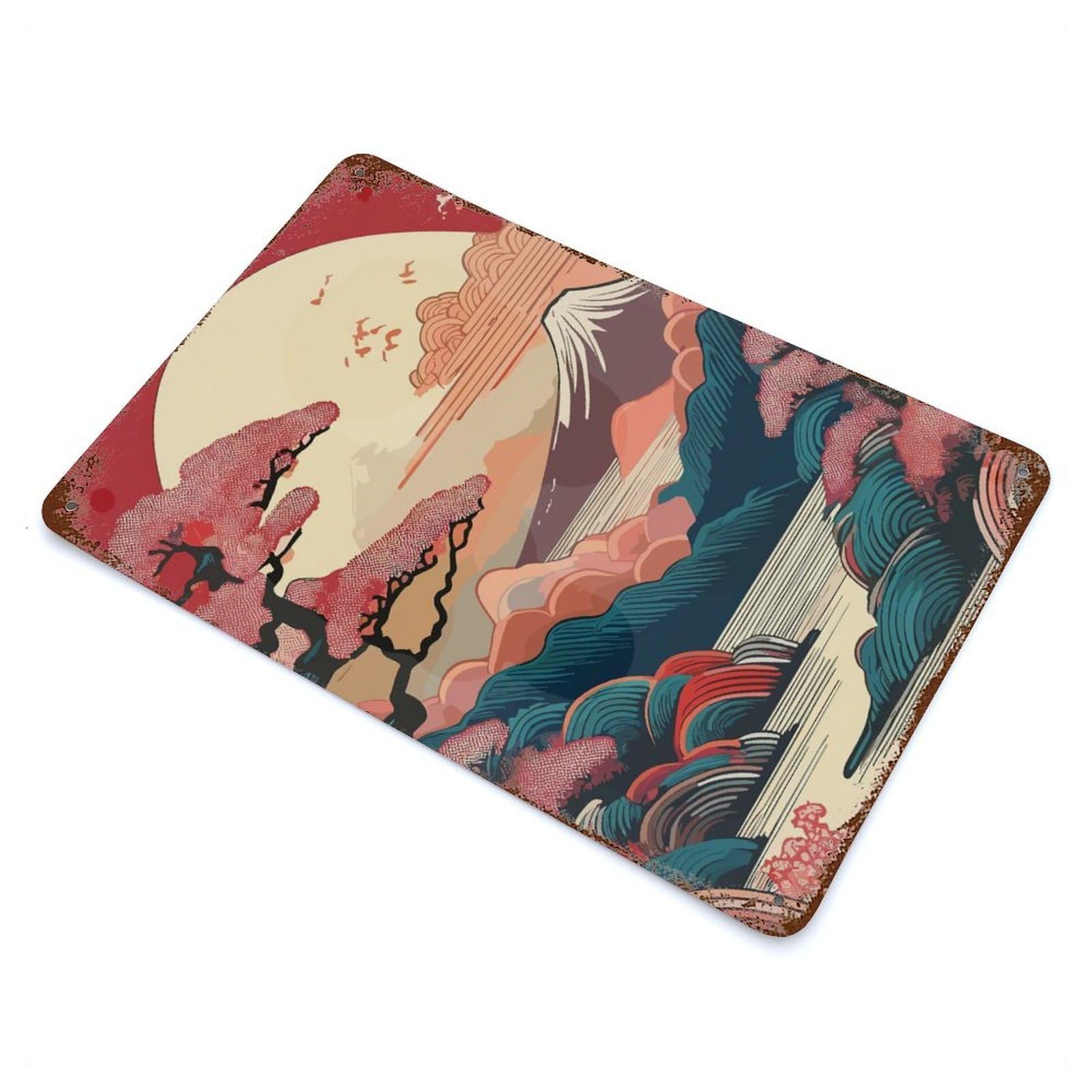 Garage Style Japanese Landscape with Mount Fuji Rust Effect Tin Sign 11.8"x7.9", Industrial Home Decor for Bar And Workshop