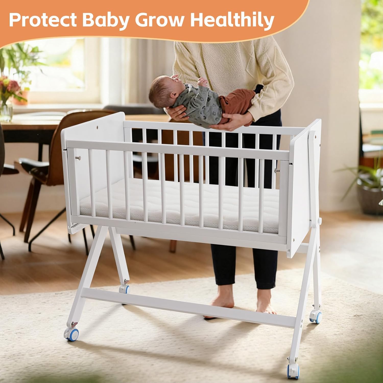 Rocking Bedside Baby Bassinet - 3-in-1 Baby Crib with Mattress,Wheeled Pine Wooden Bassinet Bedside Sleeper,Portable Co Sleeper for Small Room and Newborn