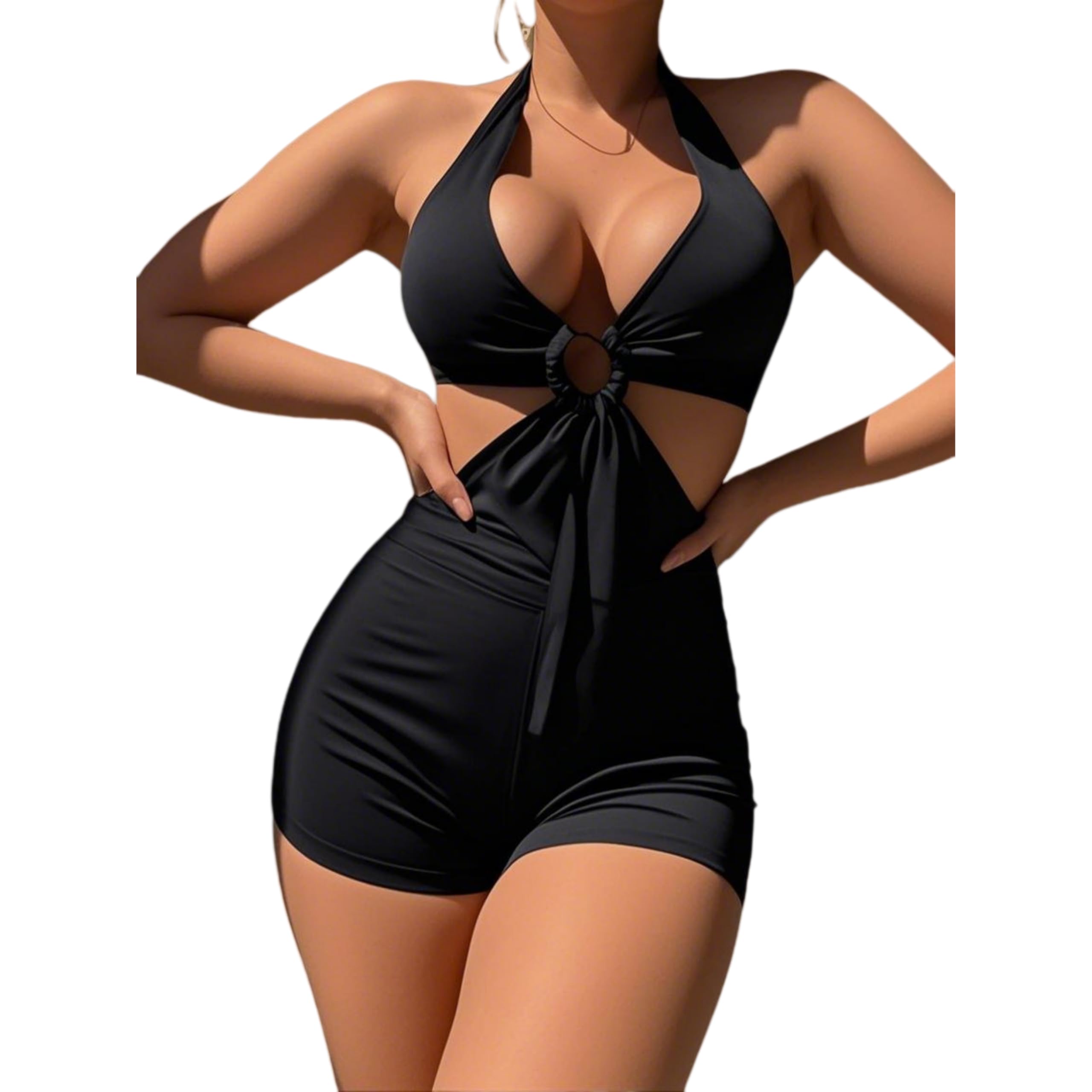 MGGMOKAY Women One Piece Swim Tummy Control Swimsuits Slimming V Neck Up Swimsuit，Black，M
