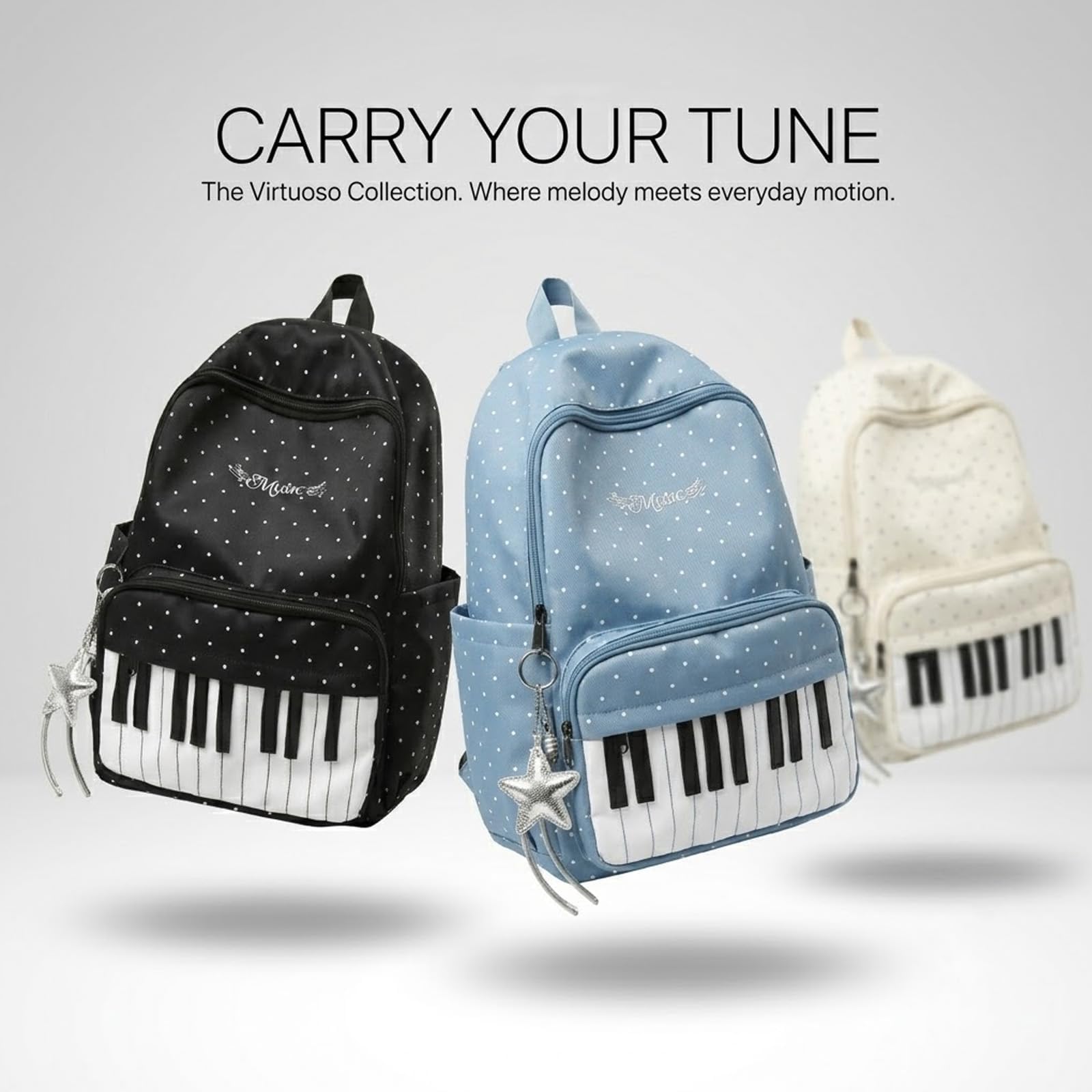 Piano Backpack for Women, Cute Polka Dot Backpack for Commute (Black)