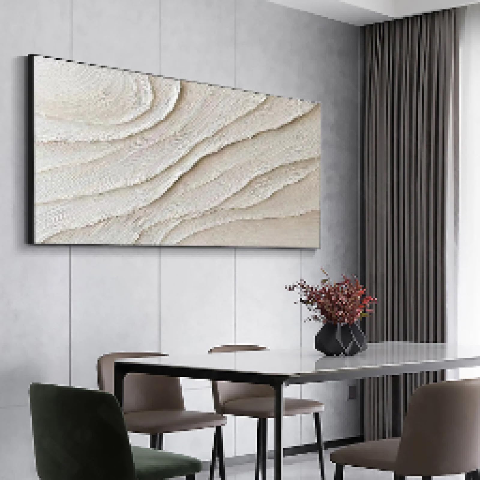 KEMEIQI Grande peinture abstraite 3D beige et blanche, texture 3D blanche, peinture sur toile minimaliste, art blanc, décoration murale neutre, 65 x 130 cm, sans cadre