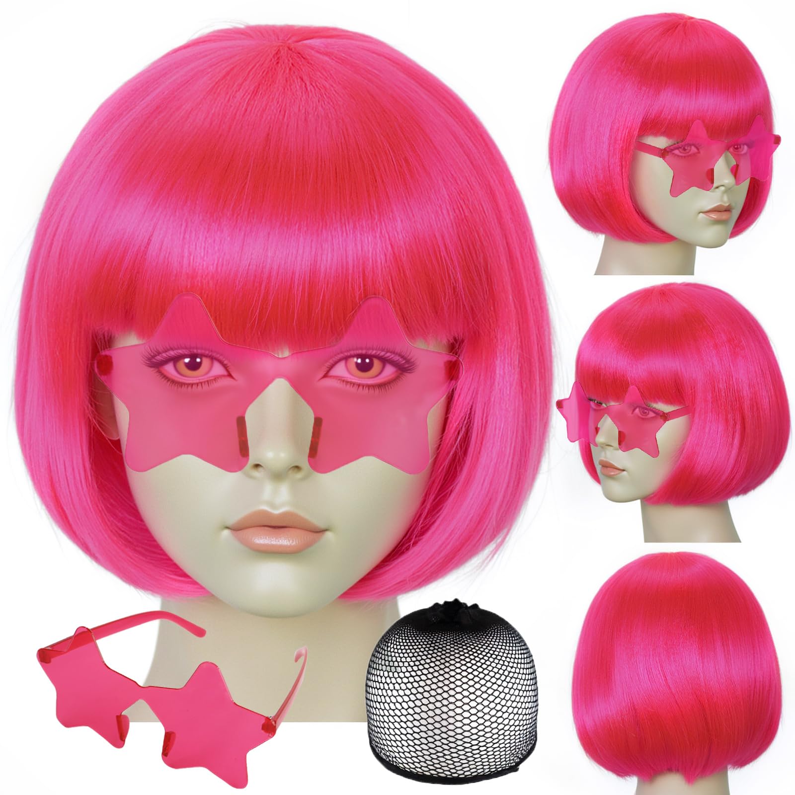 BEKIDER Hot Pink Bob Wig (1 Pair of Glasses+ 1 Hair Cap) Colored Wigs Party Outfit Colorful Bob Wig with Bangs Funny Wigs Mardi Gras Costume Hot Pink Synthetic Hair for Halloween