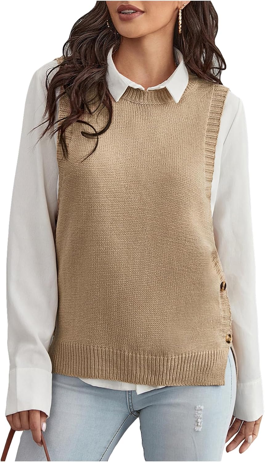 OYOANGLE Women's Button Side Sweater Vest Crew Neck Sleeveless Dressy Knitted Pullover Tops - Image 2