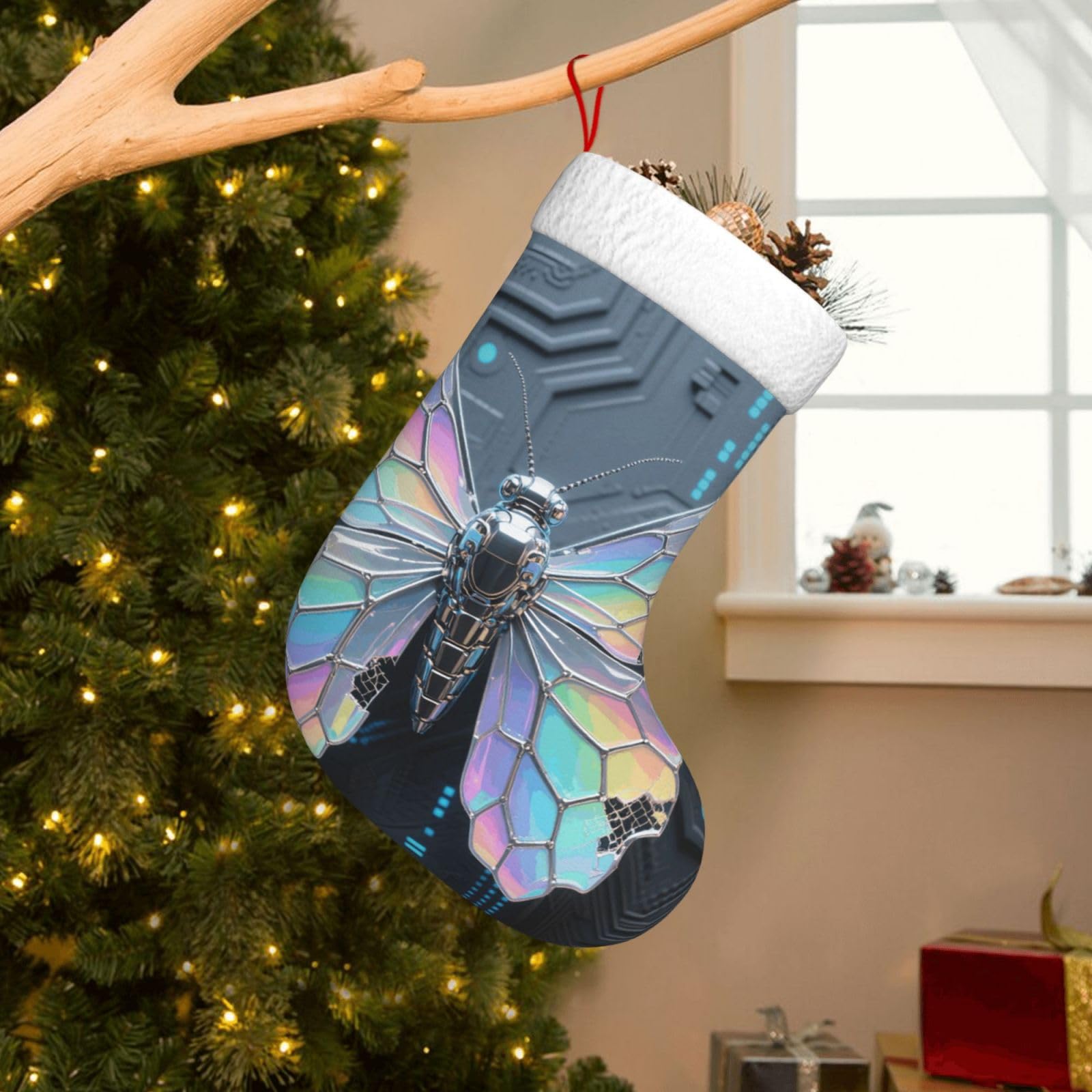 Velvet Christmas Stockings 17.7 Inch, Fish Scale Butterfly Xmas Stocking with Soft Cuff,Classic Personalized Christmas Tree Decoration for Family Holiday New Year Party Supplies
