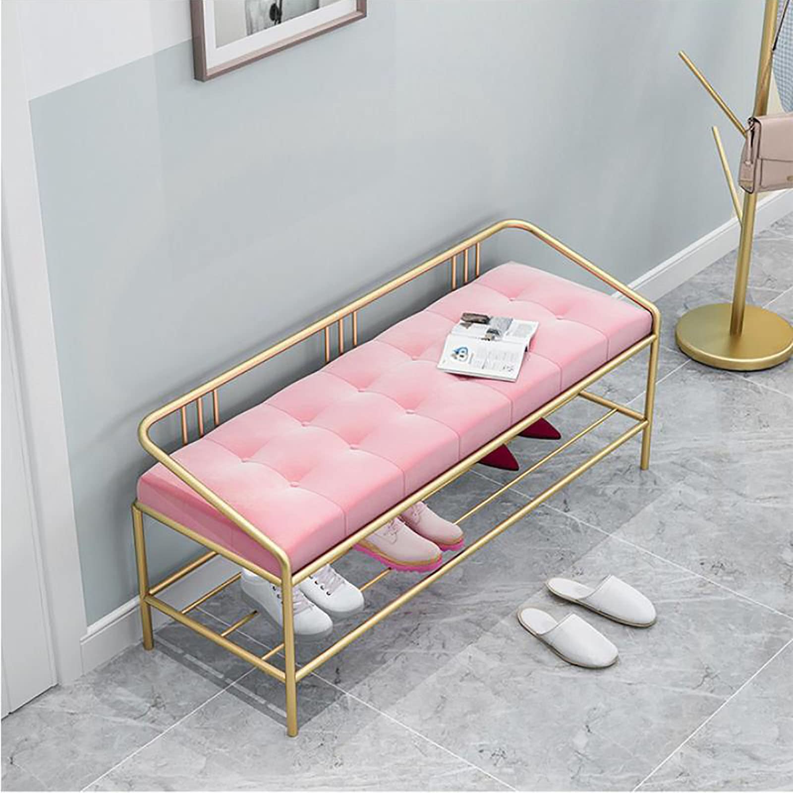 Banc de rangement pour chaussures en velours haut de gamme avec pieds dorés en D
