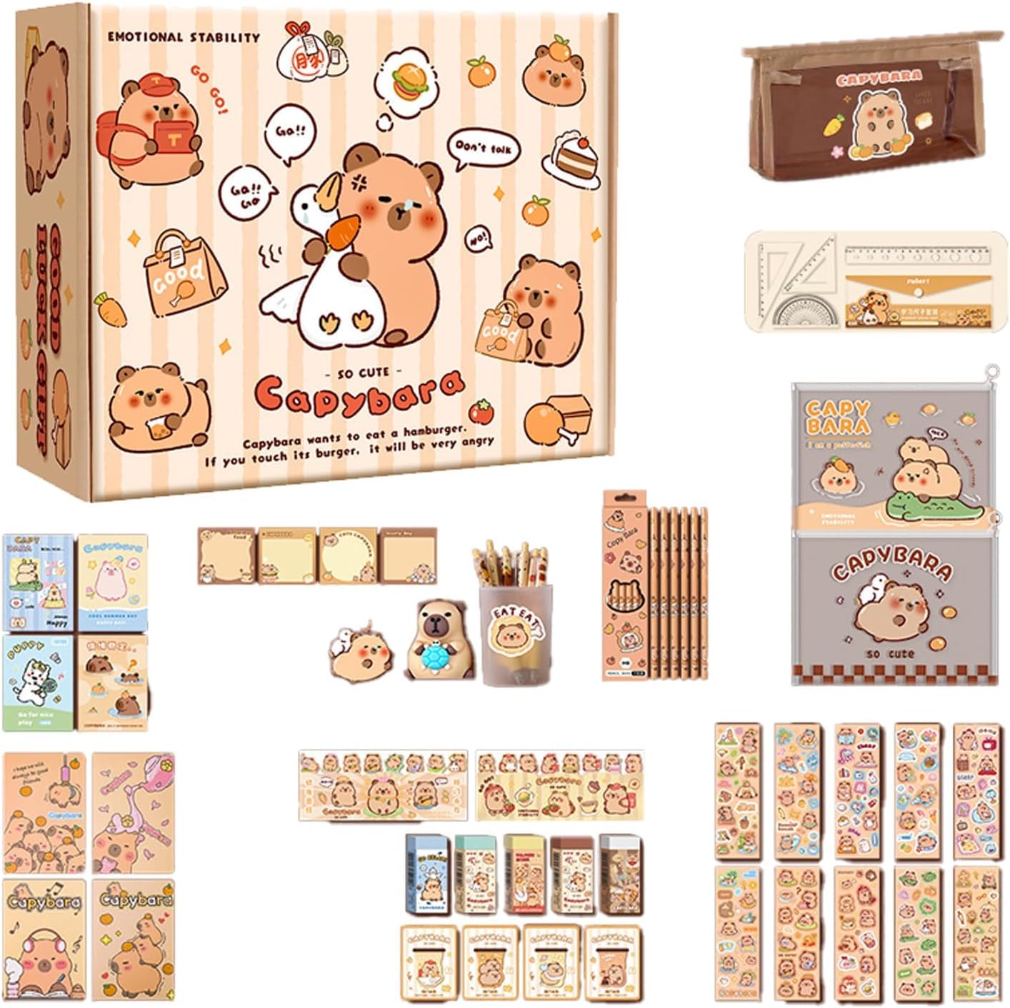 Capybara Stationery Set 308 PCS, Cute Capybara Stickers, Reusable Stickers, Notebook, Gel Pens & Pencil Case, Aesthetic Desk Supplies Gift for Home, Office & Daily Use