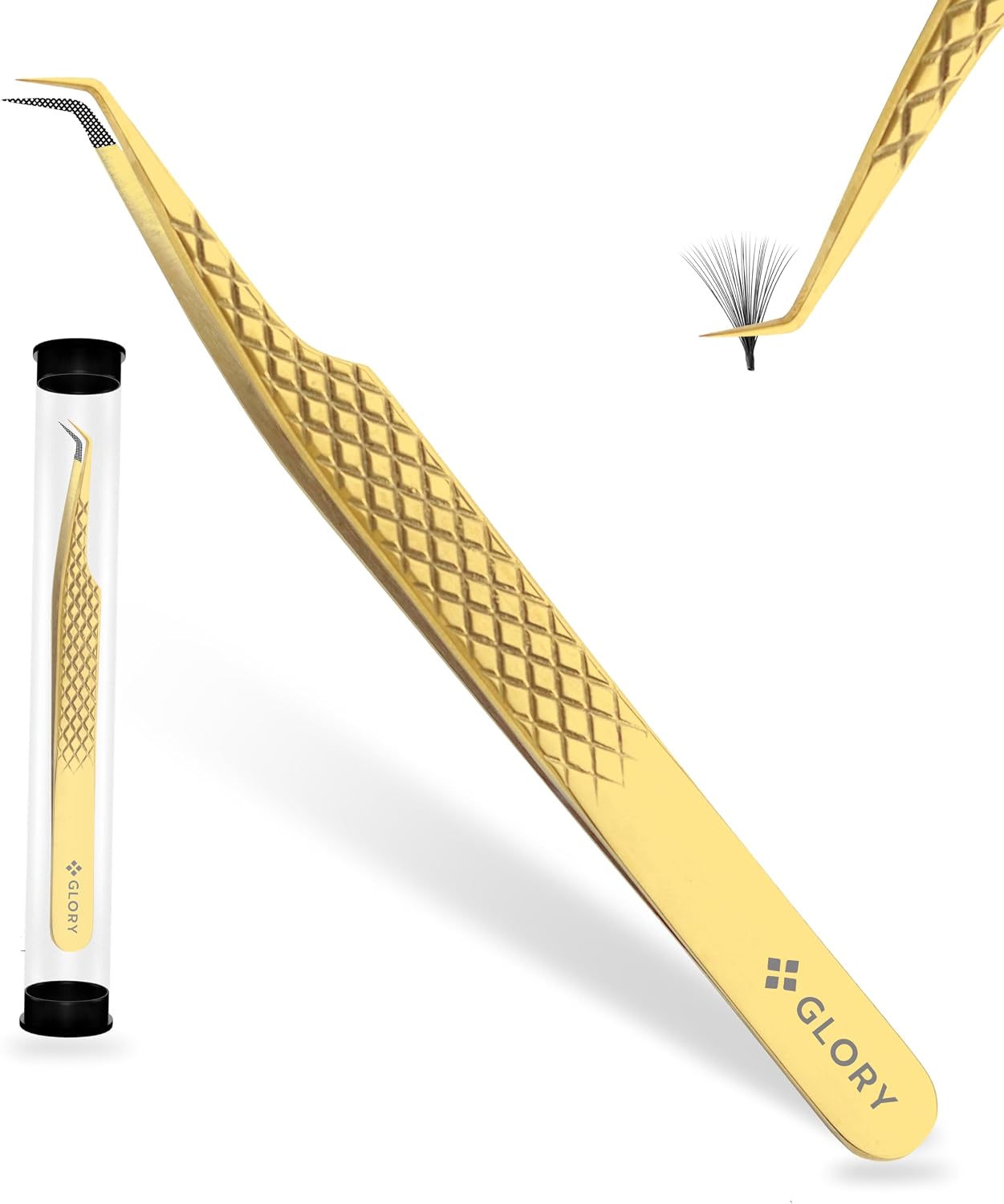Glory Professional 45 Degree Angle Lash Tweezers for Eyelash Extensions, Precision Fiber Tip Diamond Grip Stainless Steel Lash Tool for Classic, Volume & Mega Volume (Gold 45 Degree)