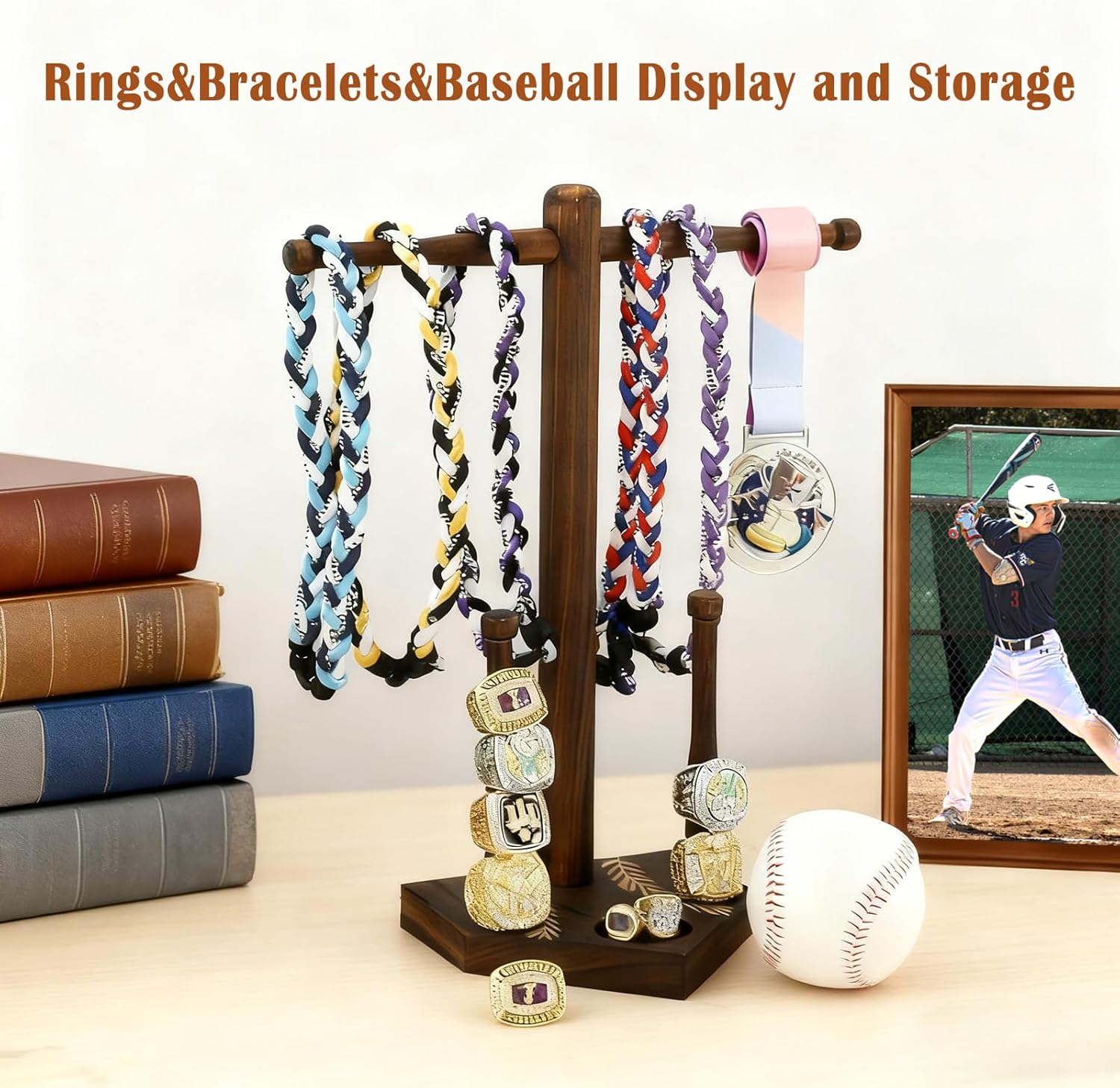 wooden baseball softball drip necklace organizer holder, softball ring holder, championship ring display holder, gifts for baseball players and lovers