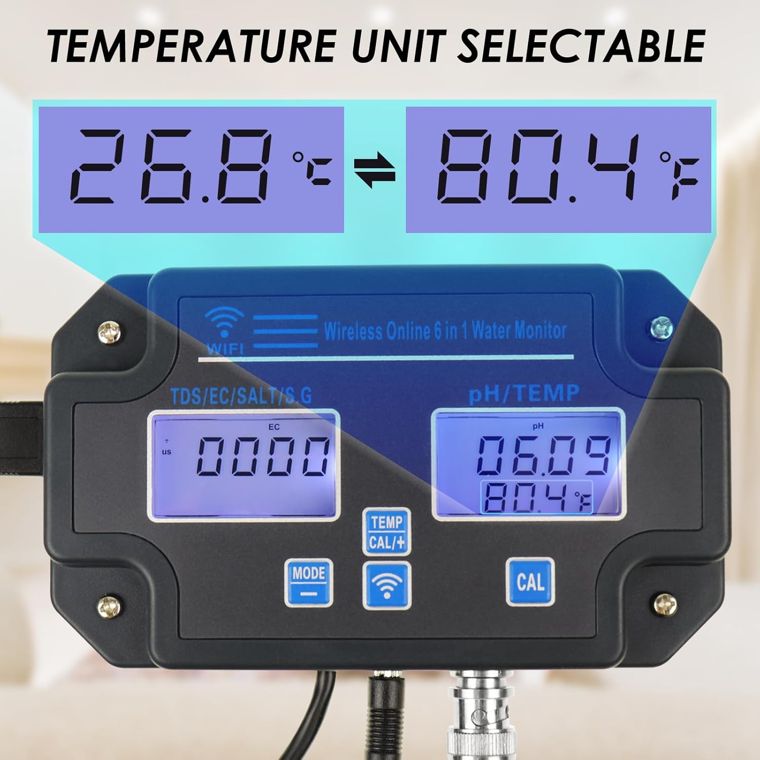 A smartphone screen displaying the mobile application interface for monitoring water quality parameters from the 6-in-1 PH Meter.
