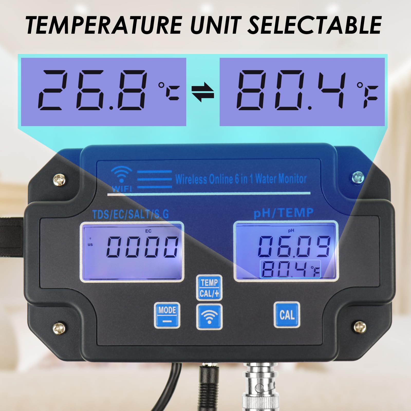 6 in 1 Multiparameter pH-Tester: pH/EC/TDS/Salz/SG/Temperatur mit Drahtloses WLAN Überwachung über Mobile APP Einfach 3-Punkte-Kalibrierung für Fischteiche, Aquarien, Hydrokulturen