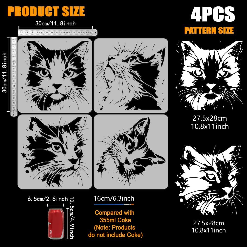 FINGERINSPIRE 4Styles Cat Face Pattern Stencils with a Brush 11.8x11.8Inch Abstract Cat Face Painting Stencil PET Cats Graffiti Stencils Animal Themes Template for Wood Wall Fabric Home Decor