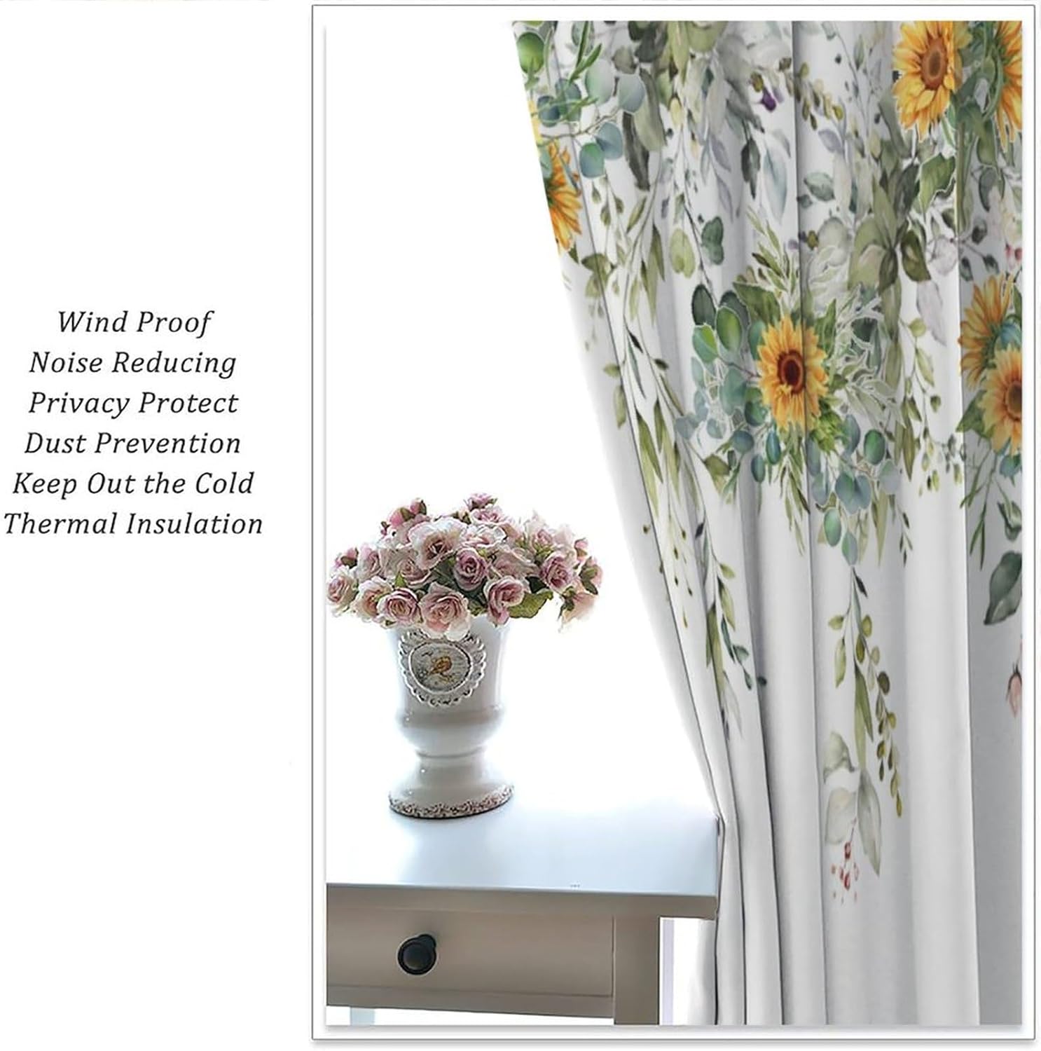 Sunflower Vine Blackout Curtains Spring Summer Plant Flower Green Yellow White Illustration Window Treatments for Kids Boys Girls Bedroom Living Dining Room Kitchen 42" W X 45" L
