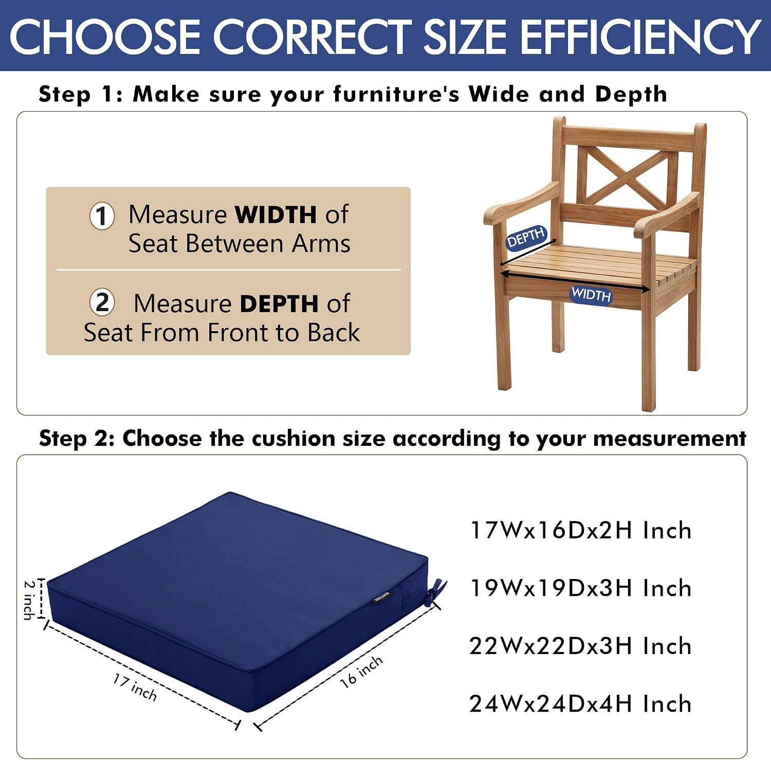 Outdoor Chair Cushions 16 x 17 Inch Water Resistant Patio Chair Cushions with Tie 3 Year Color Fastness Thick Outdoor Seat Cushion for Garden Lawn Patio Furniture Navy Set of 2
