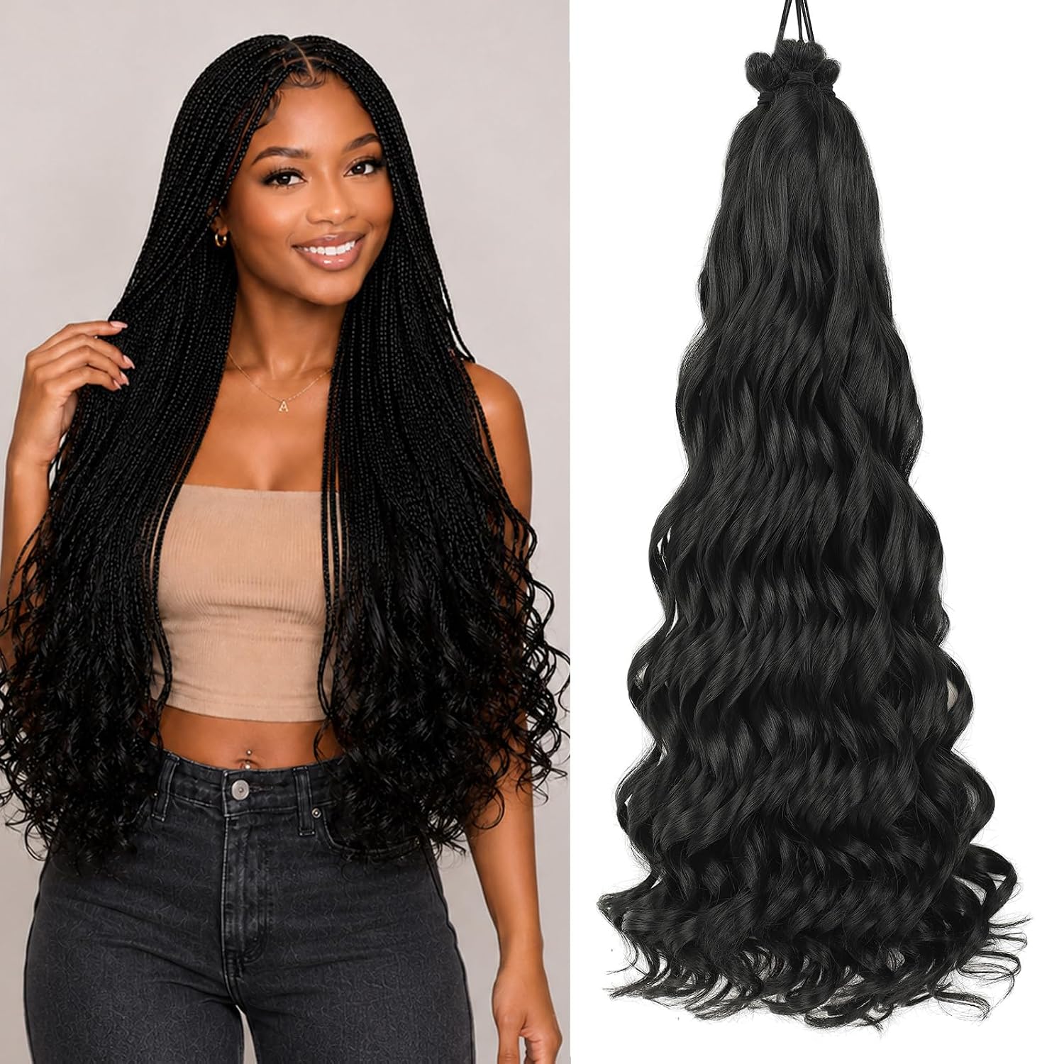 K-ThermSilk Fiber French Curl Braiding Hair 24 Inch 100g/Pack 6 Packs Natural Black Pre Stretched Bouncy French Curl Crochet Braids Loose Wavy Synthetic Hair Extensions for Women (24 Inch,1B#)