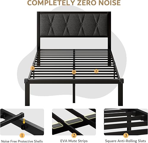 Miniatura 7 de iPormis Marco de cama de metal tamaño matrimonial, cama de plataforma con cabecera capitonada con botones de lino, soporte de listones resistentes,