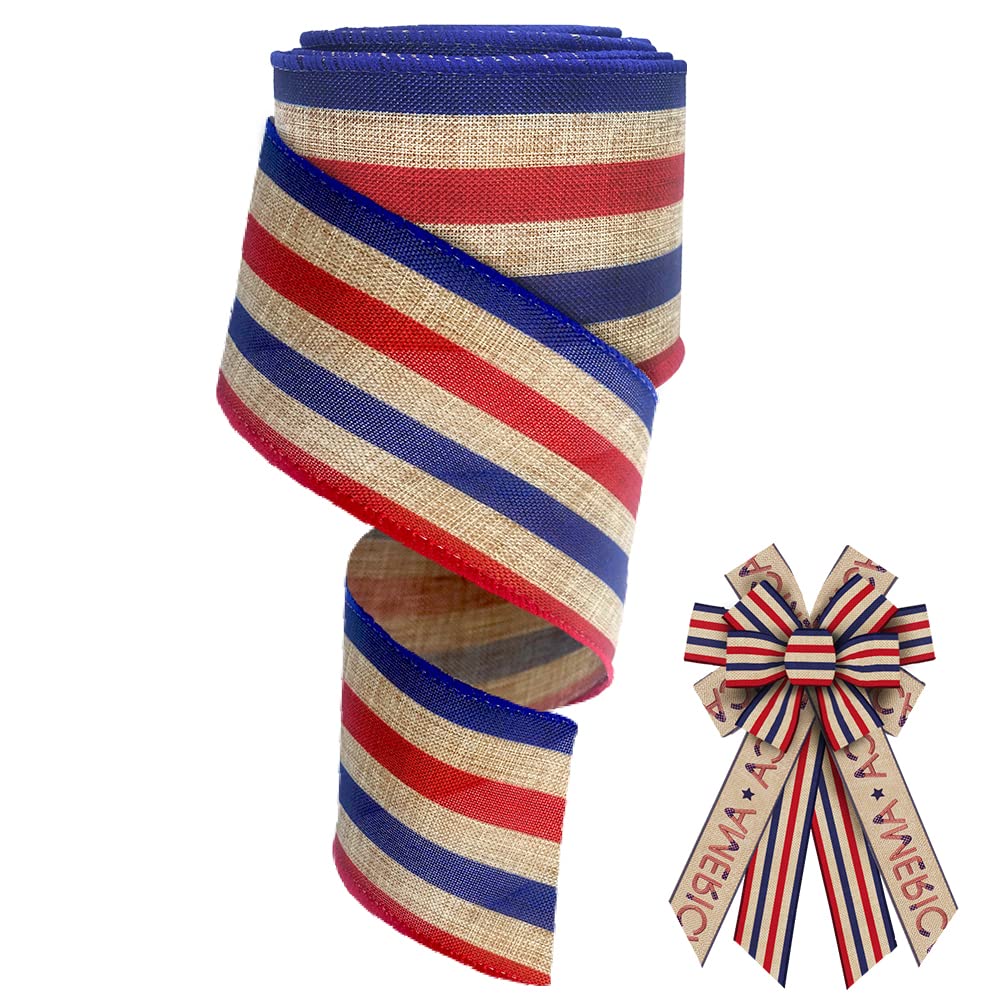 LANGFON 1 Roll Veterans Day Fabric Ribbon Patriotic Decor Ribbon Red Blue Strips Burlap Wired Edge Ribbon for Veterans Day Wrapping Party Patriotic