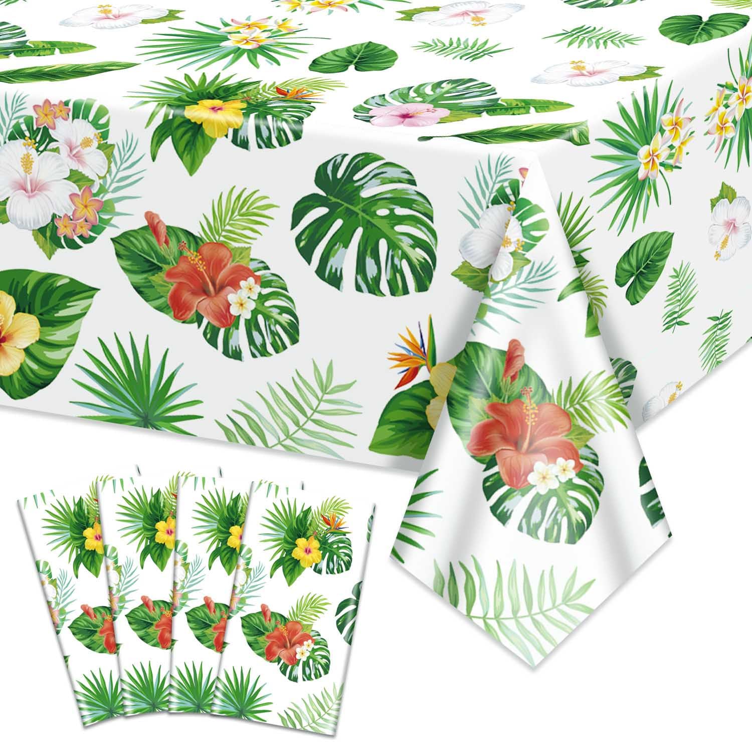 Hegbolke 4 Pack Hawaiian Luau Tablecloths for Party Decorations, Palm Leaf Table Covers Rectangular Aloha Tropical Leaf Tablecloths for Summer Beach