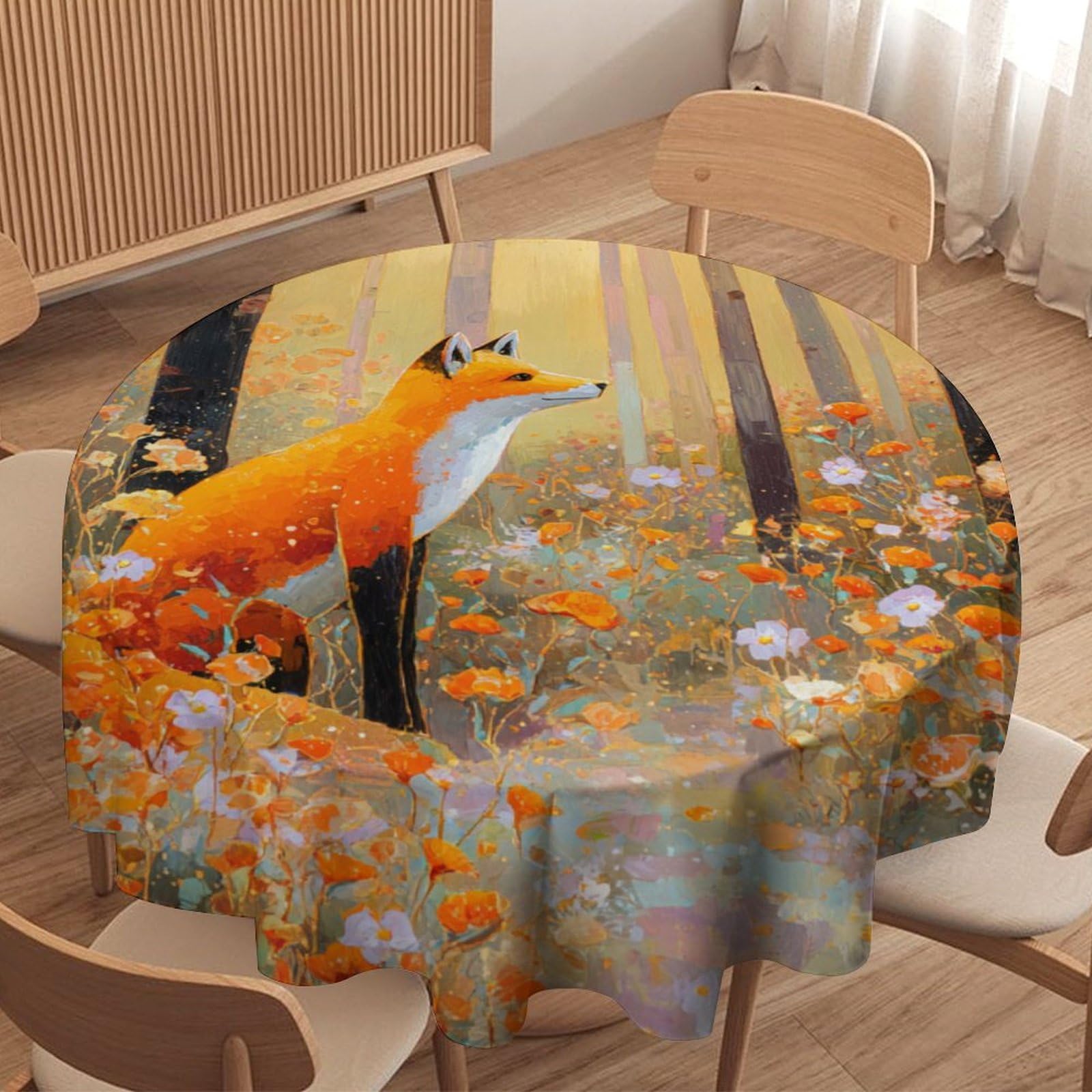 LUYYSKY Classic Abstract Animals Fox Waterproof Round Tablecloth Beautiful Vintage Fall Forest Plants Daisies Flowers Foxes Pattern Washable Table Cover for Kitchen-127 Wx127 L cm